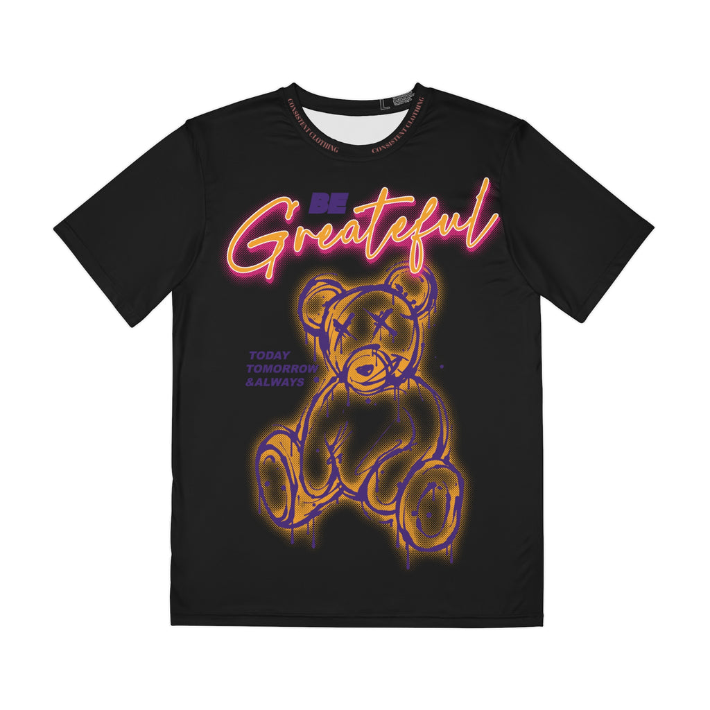 Be Grateful Neon Teddy Graphic Tee — Men's Polyester Inspirational Shirt