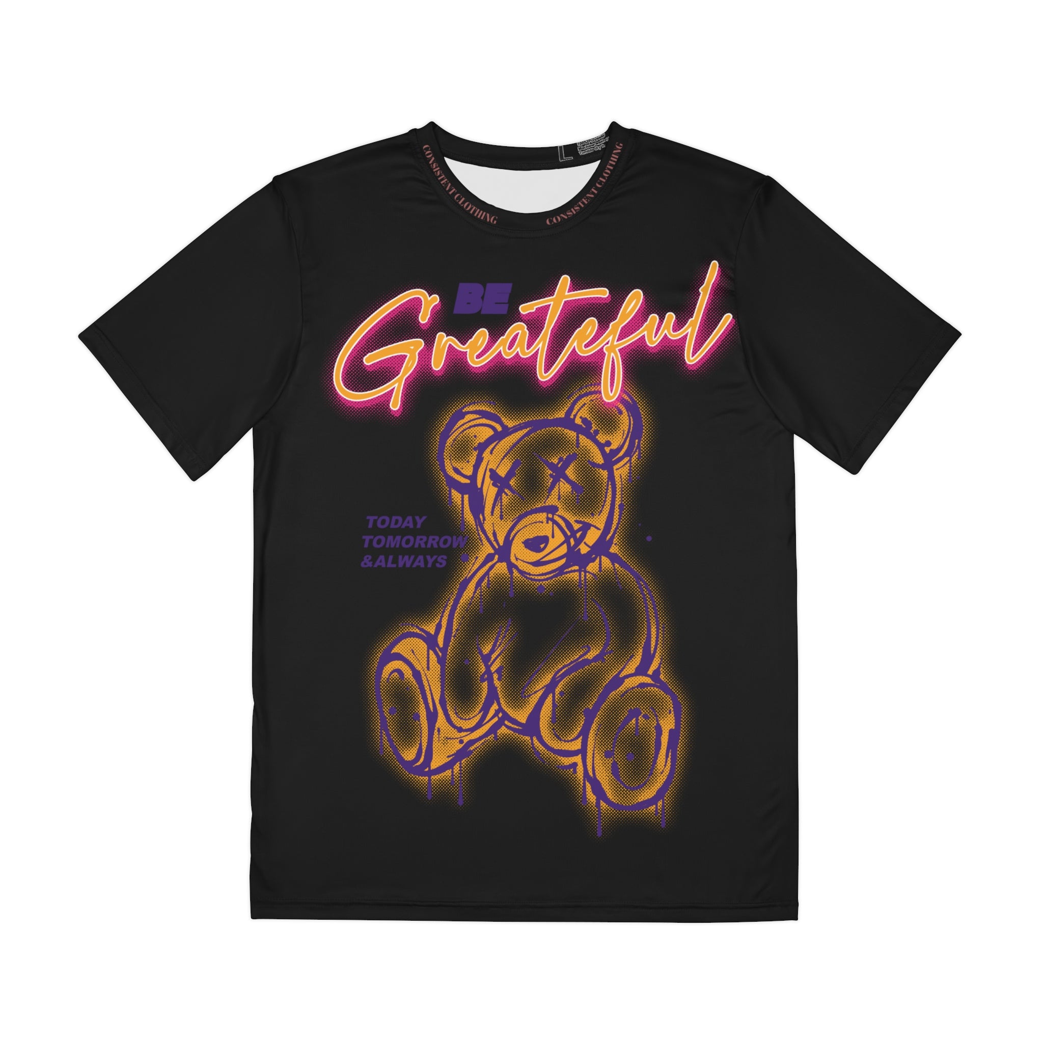 Be Grateful Neon Teddy Graphic Tee — Men's Polyester Inspirational Shirt