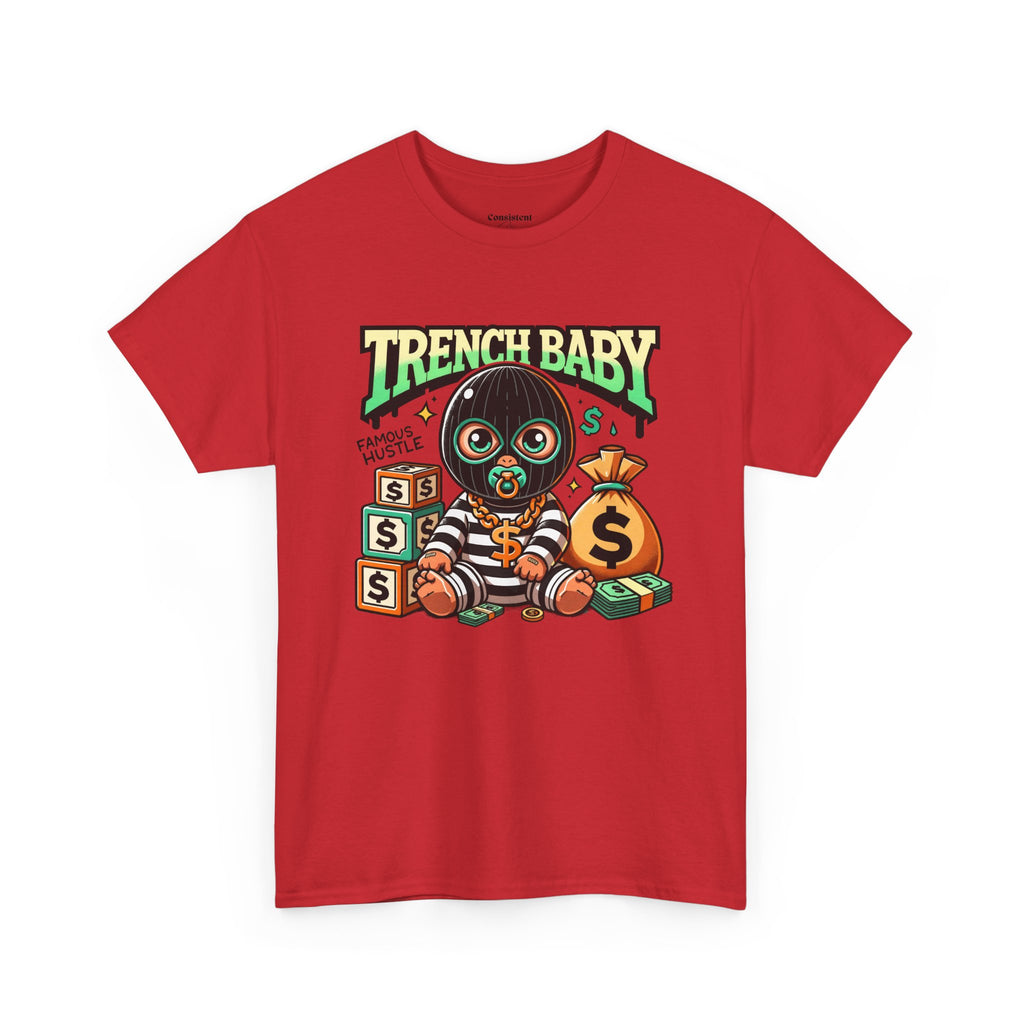 Trench Baby Tee — Graphic Streetwear Shirt with Money Mask Baby Design