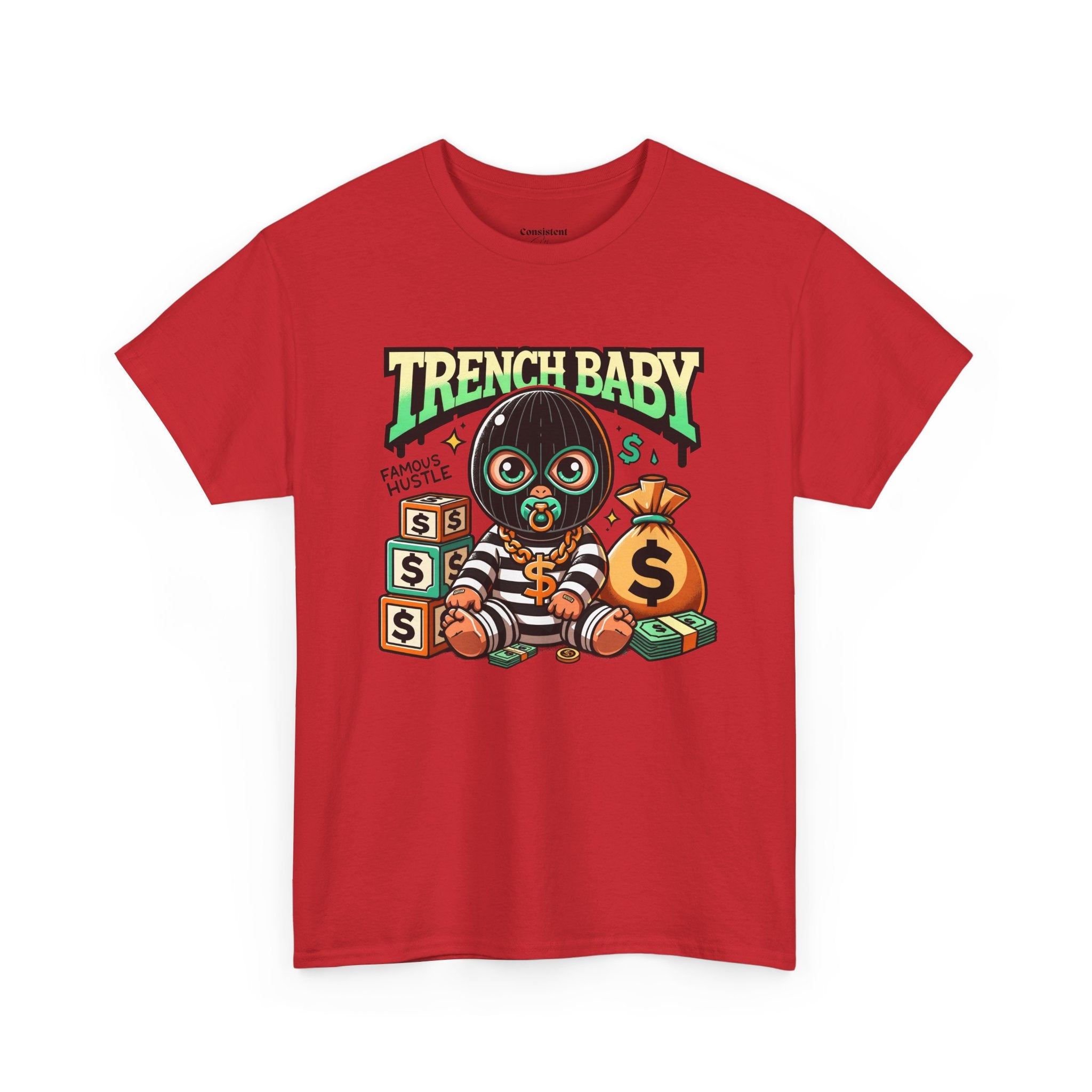 Trench Baby Tee — Graphic Streetwear Shirt with Money Mask Baby Design