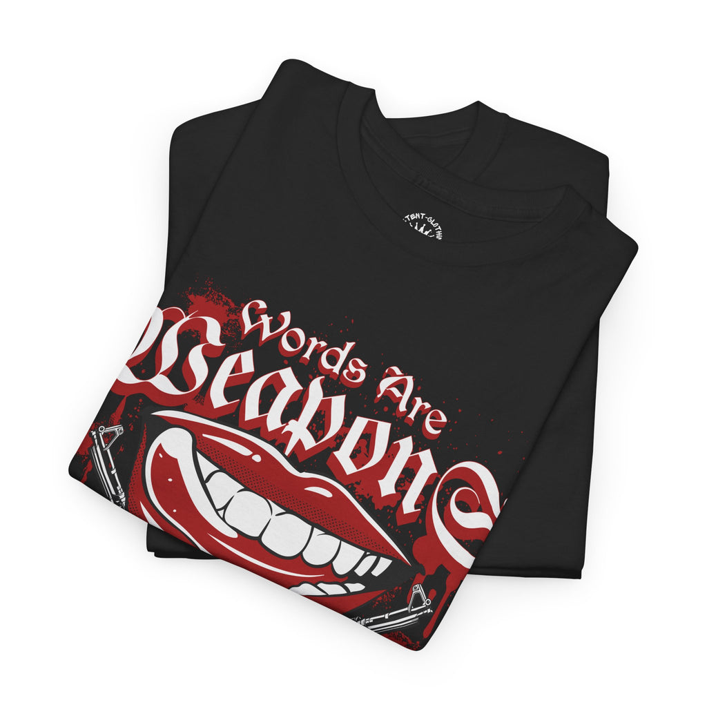 Words Are Weapons Tee — Graphic Statement T‑Shirt with Red Lips & Guns