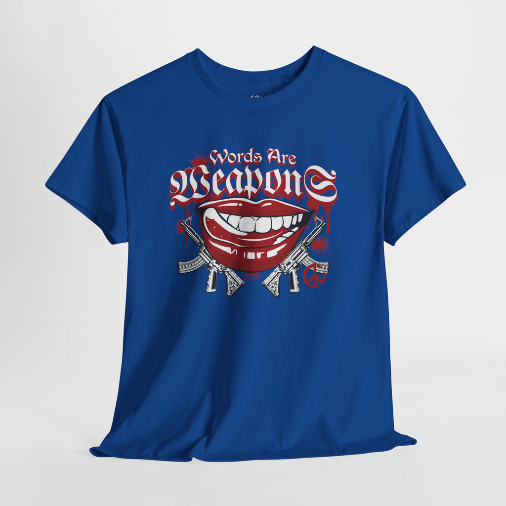Words Are Weapons Tee — Graphic Statement T‑Shirt with Red Lips & Guns