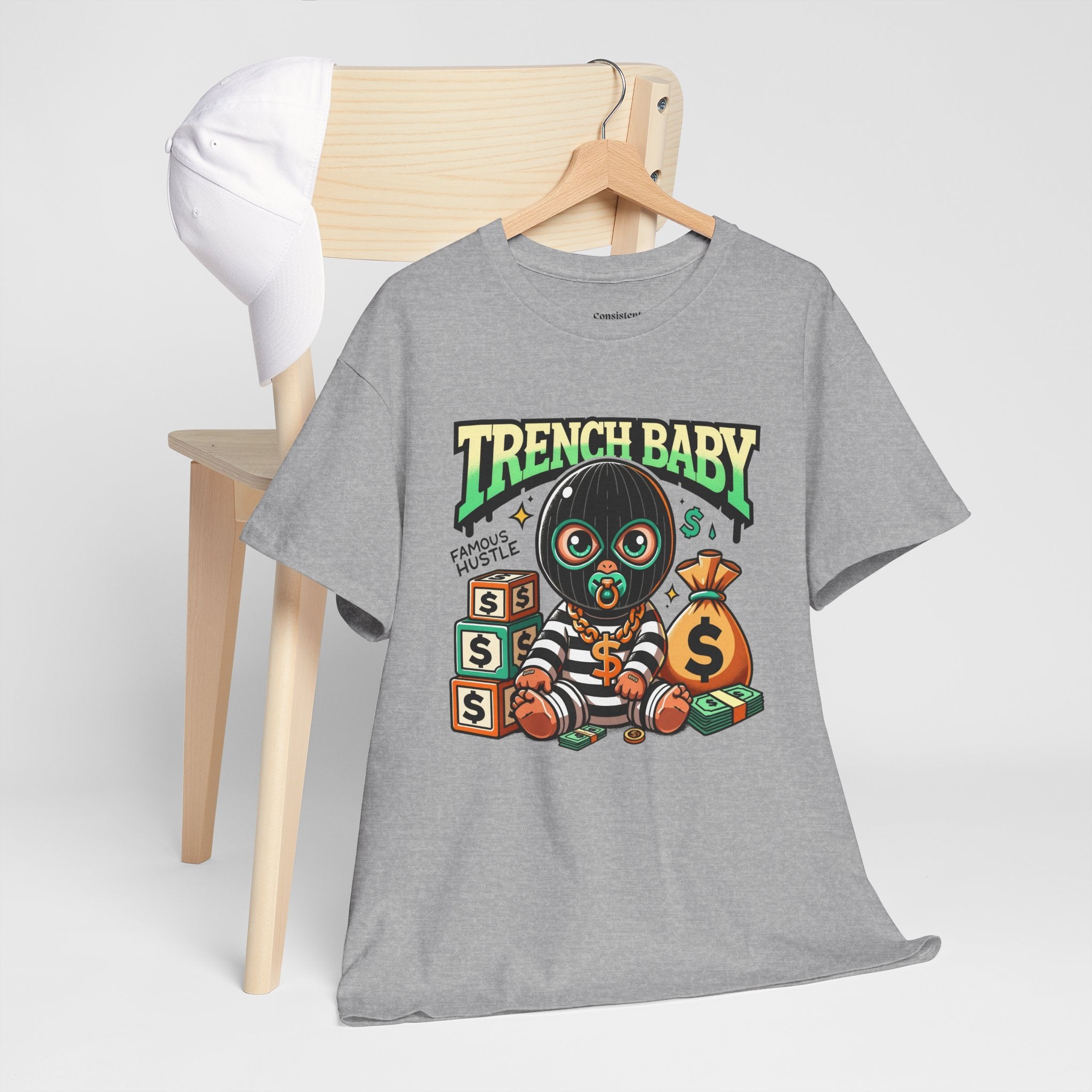 Trench Baby Tee — Graphic Streetwear Shirt with Money Mask Baby Design