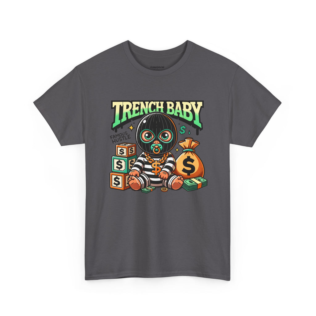 Trench Baby Tee — Graphic Streetwear Shirt with Money Mask Baby Design