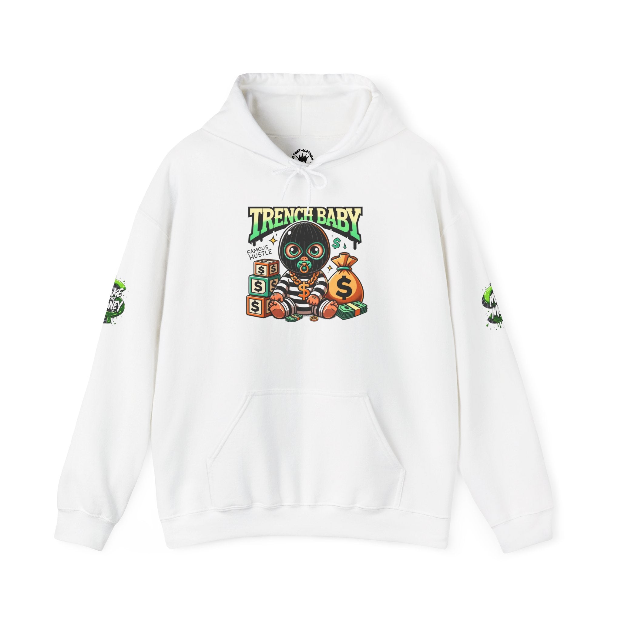 Trench Baby Character Hoodie | Cartoon Baby with Stacks and Money Bag