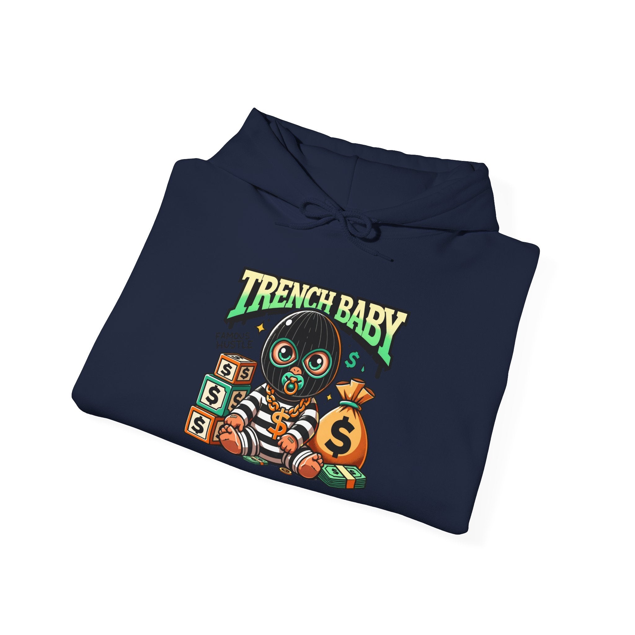 Trench Baby Character Hoodie | Cartoon Baby with Stacks and Money Bag