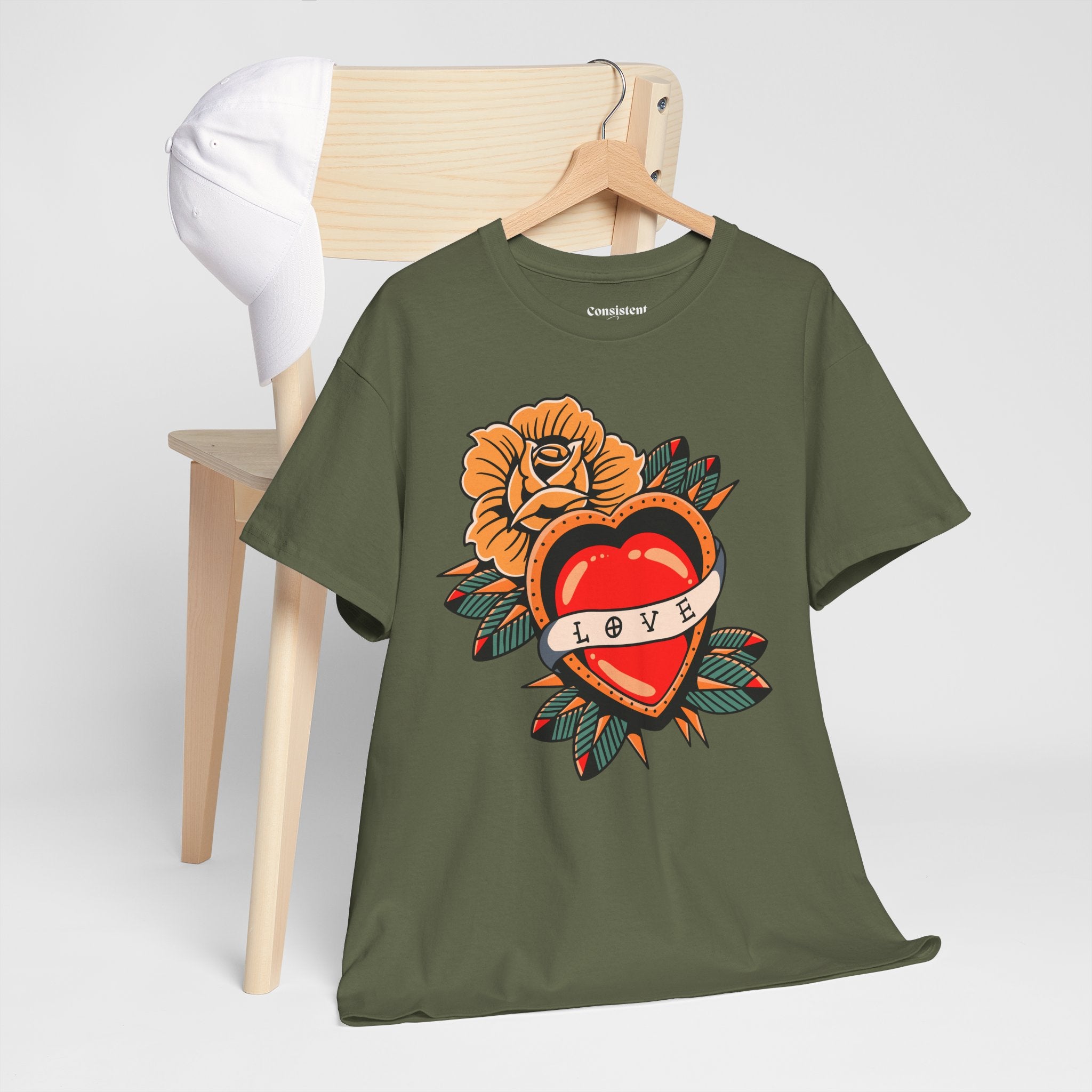 Love Heart Tattoo Tee — Retro Floral Graphic T-Shirt