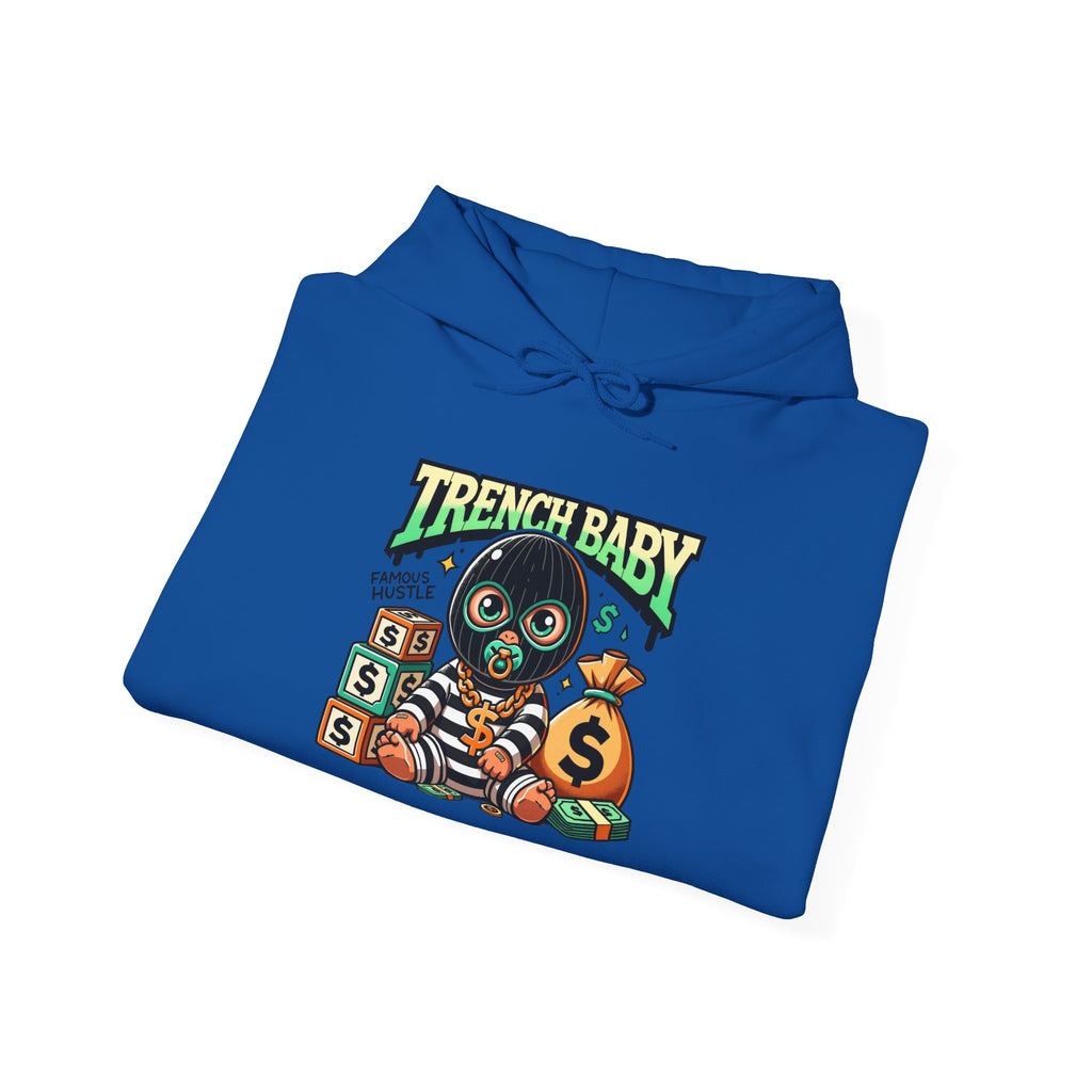 Trench Baby Character Hoodie | Cartoon Baby with Stacks and Money Bag
