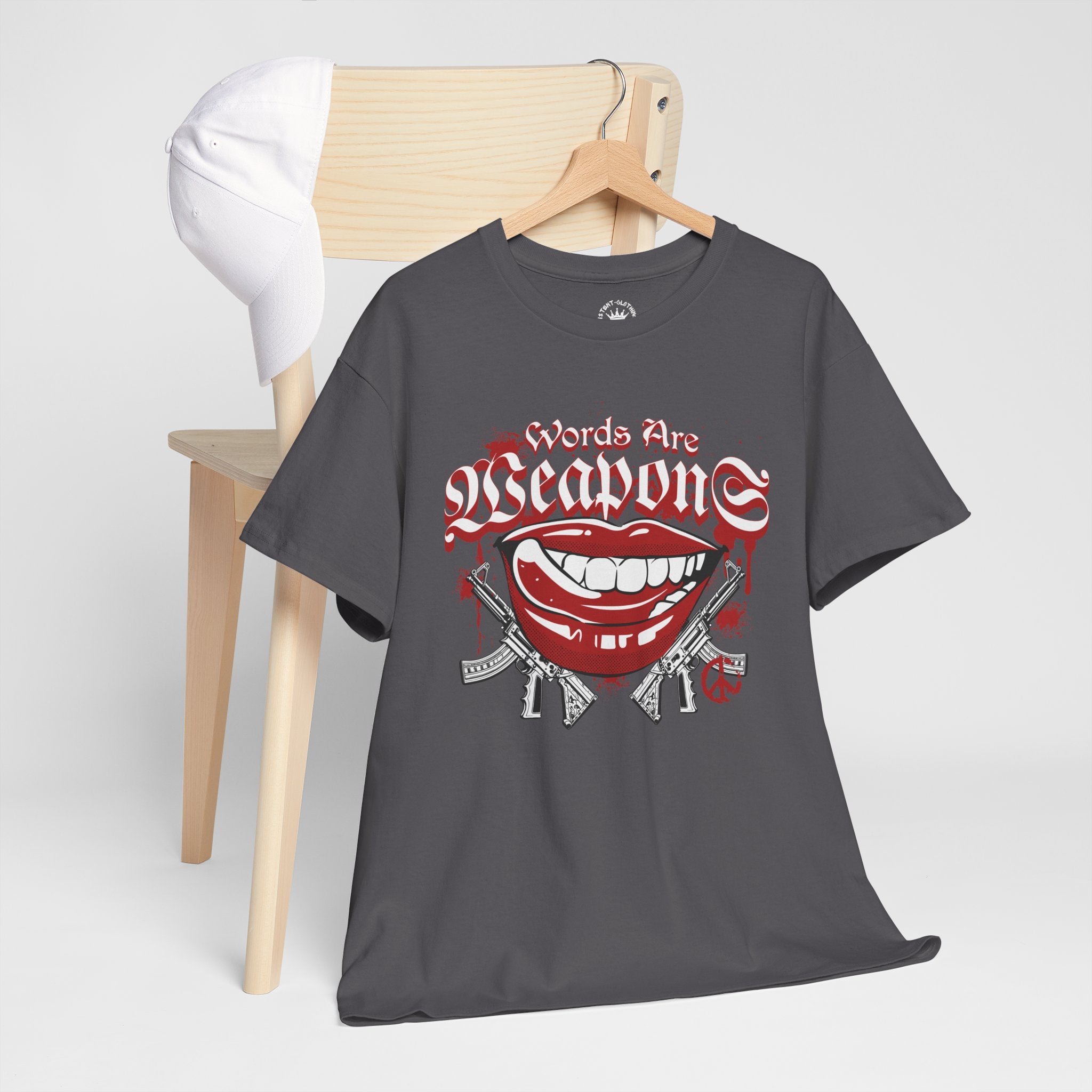 Words Are Weapons Tee — Graphic Statement T‑Shirt with Red Lips & Guns
