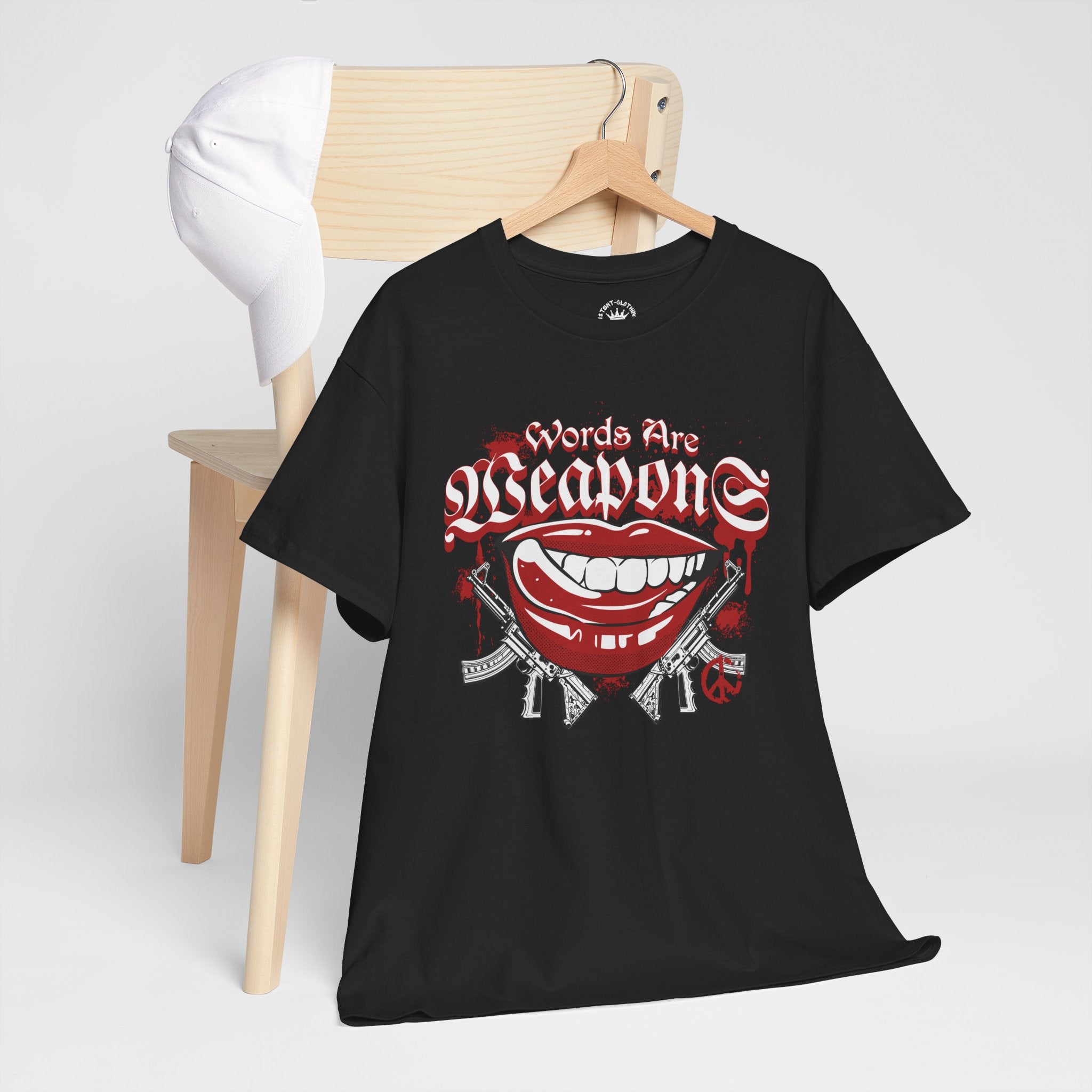 Words Are Weapons Tee — Graphic Statement T‑Shirt with Red Lips & Guns