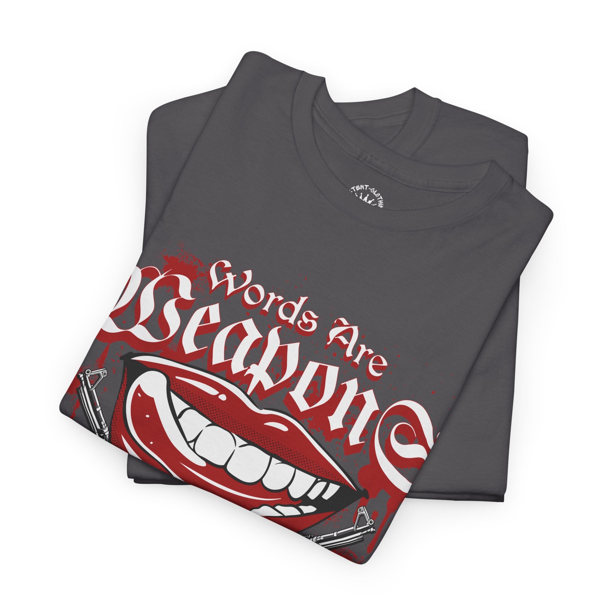 Words Are Weapons Tee — Graphic Statement T‑Shirt with Red Lips & Guns