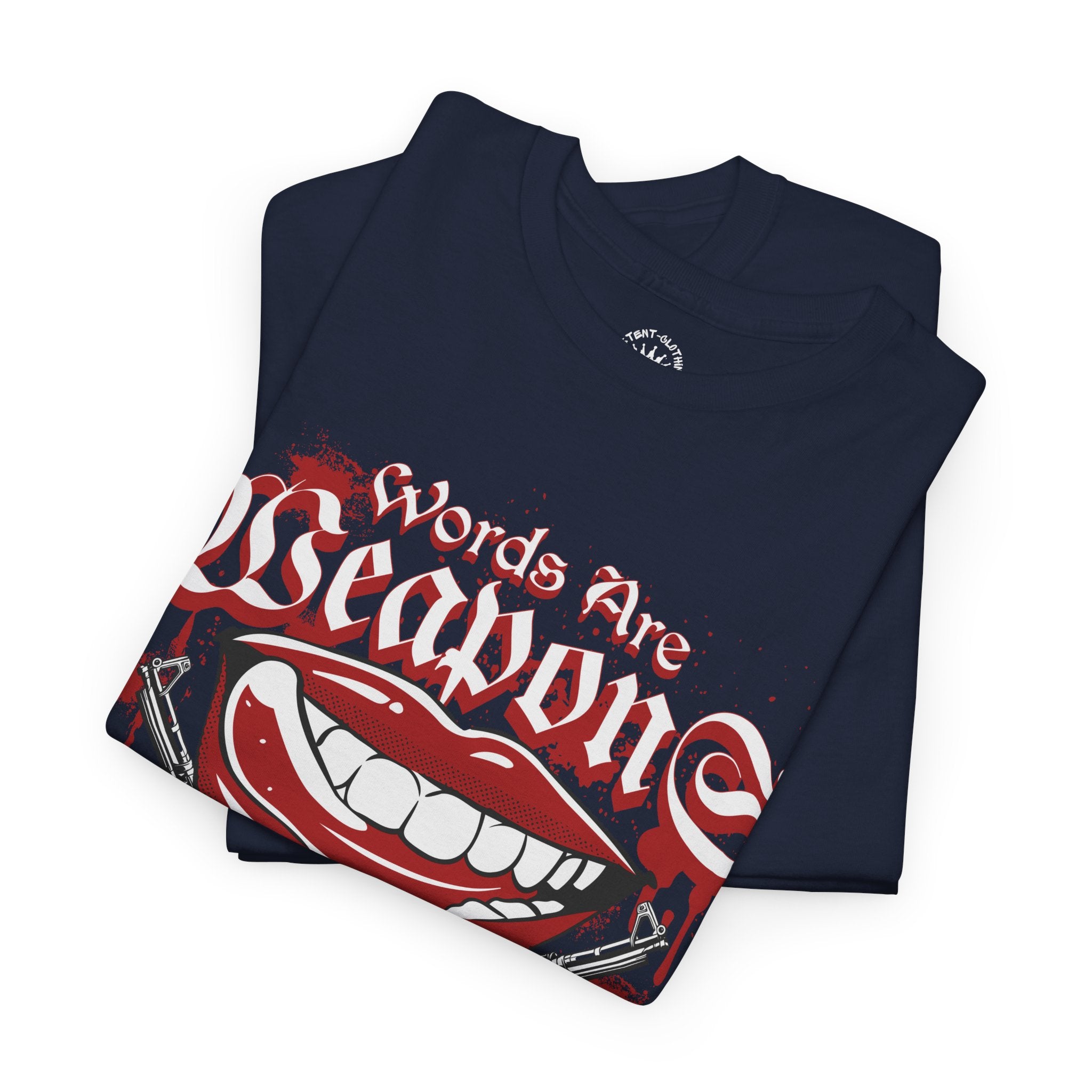 Words Are Weapons Tee — Graphic Statement T‑Shirt with Red Lips & Guns