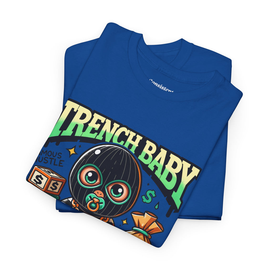 Trench Baby Tee — Graphic Streetwear Shirt with Money Mask Baby Design
