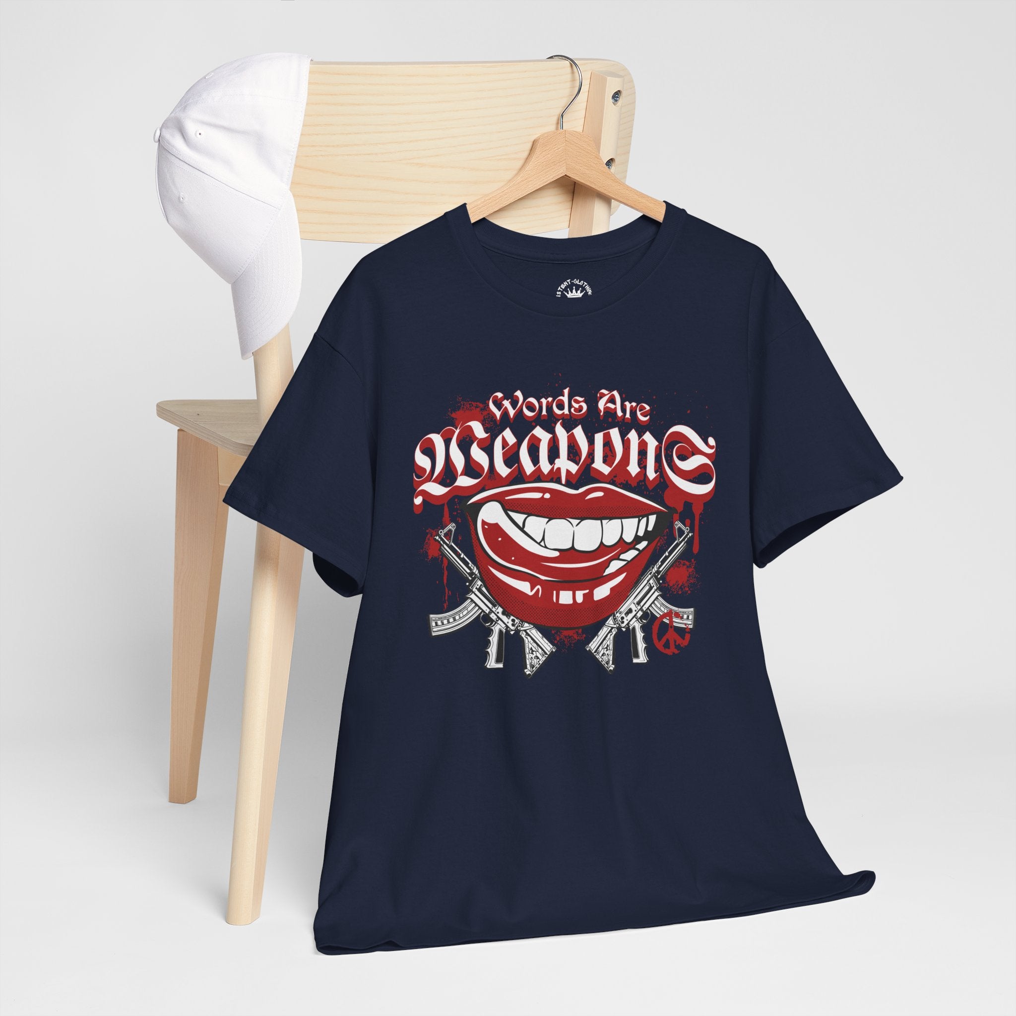 Words Are Weapons Tee — Graphic Statement T‑Shirt with Red Lips & Guns