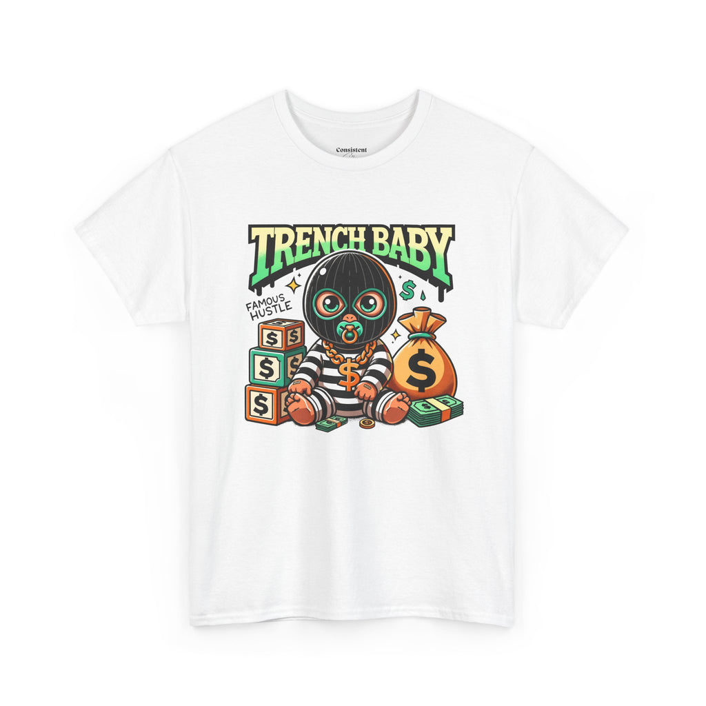 Trench Baby Tee — Graphic Streetwear Shirt with Money Mask Baby Design