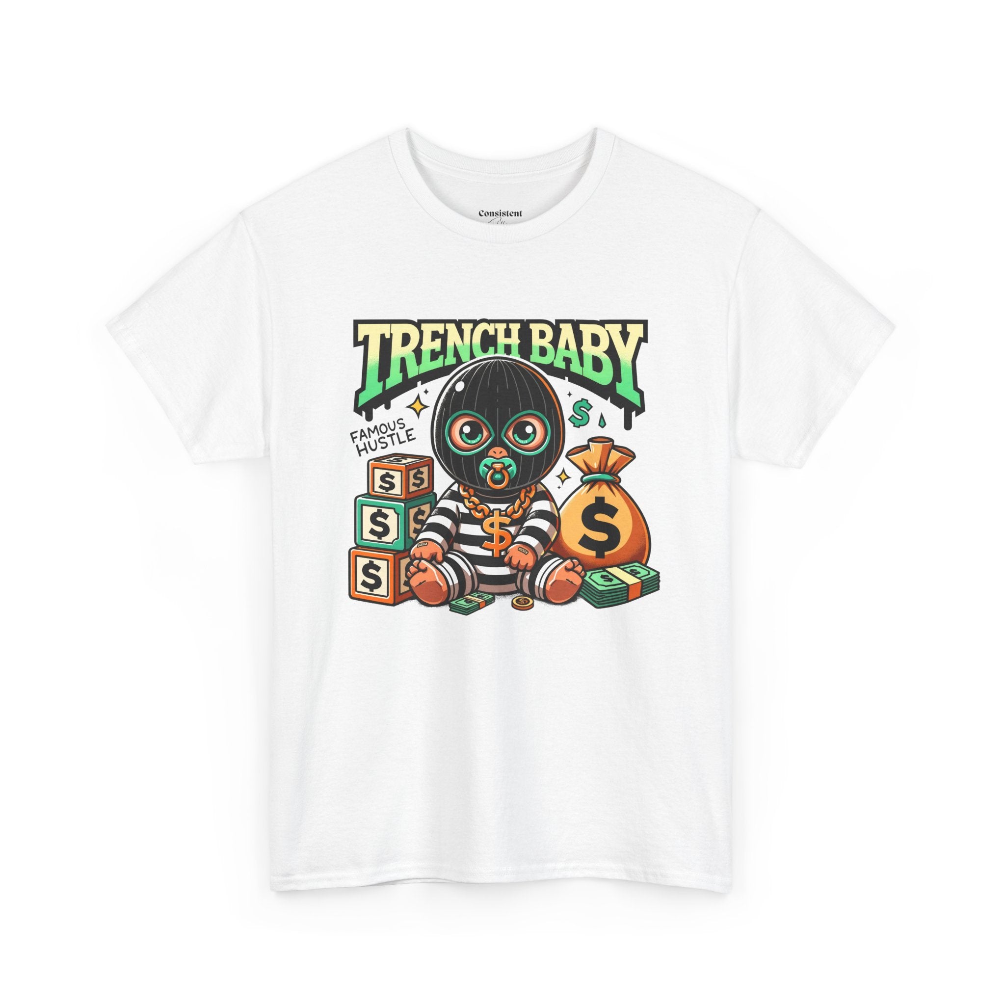 Trench Baby Tee — Graphic Streetwear Shirt with Money Mask Baby Design