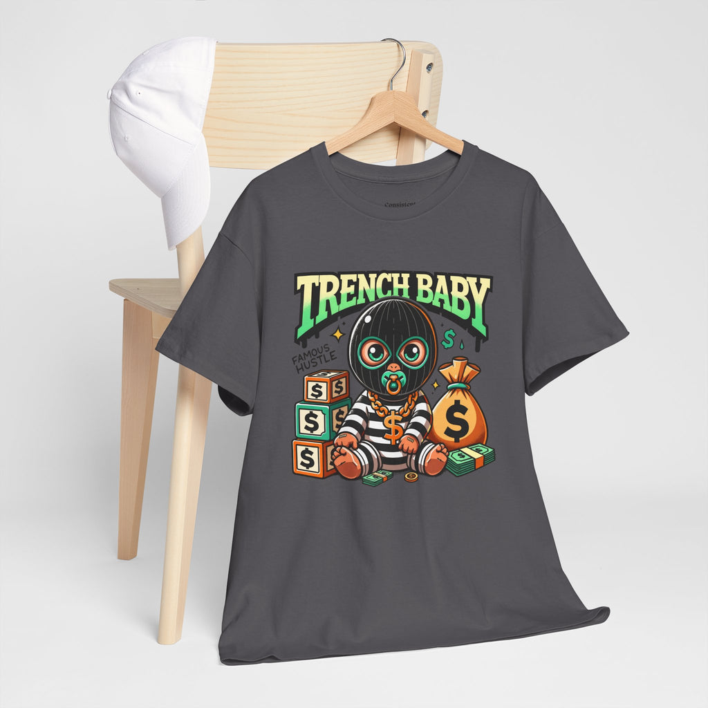 Trench Baby Tee — Graphic Streetwear Shirt with Money Mask Baby Design
