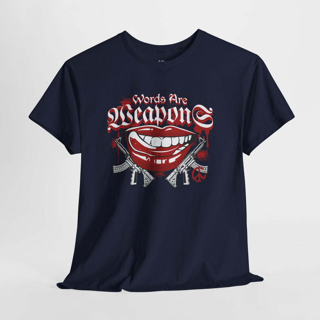 Words Are Weapons Tee — Graphic Statement T‑Shirt with Red Lips & Guns