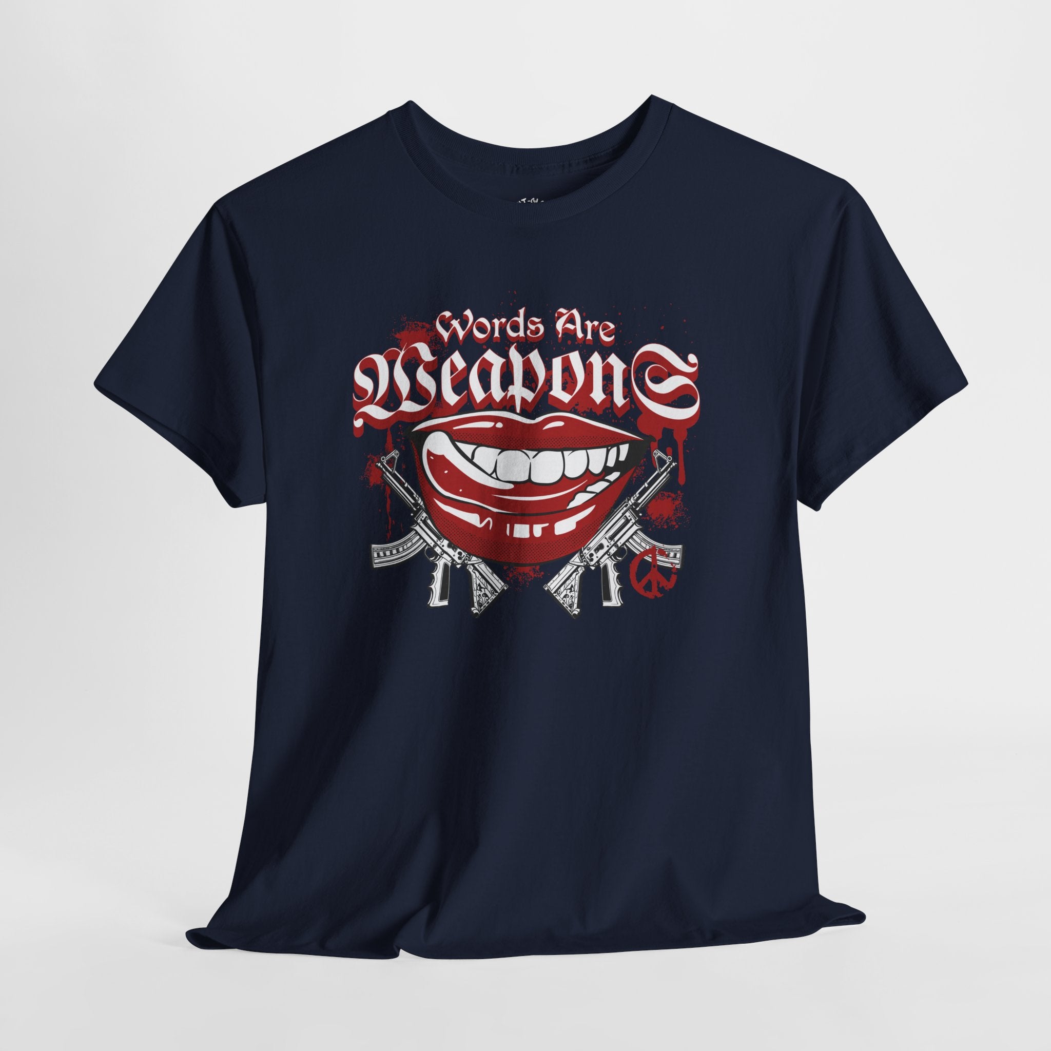 Words Are Weapons Tee — Graphic Statement T‑Shirt with Red Lips & Guns