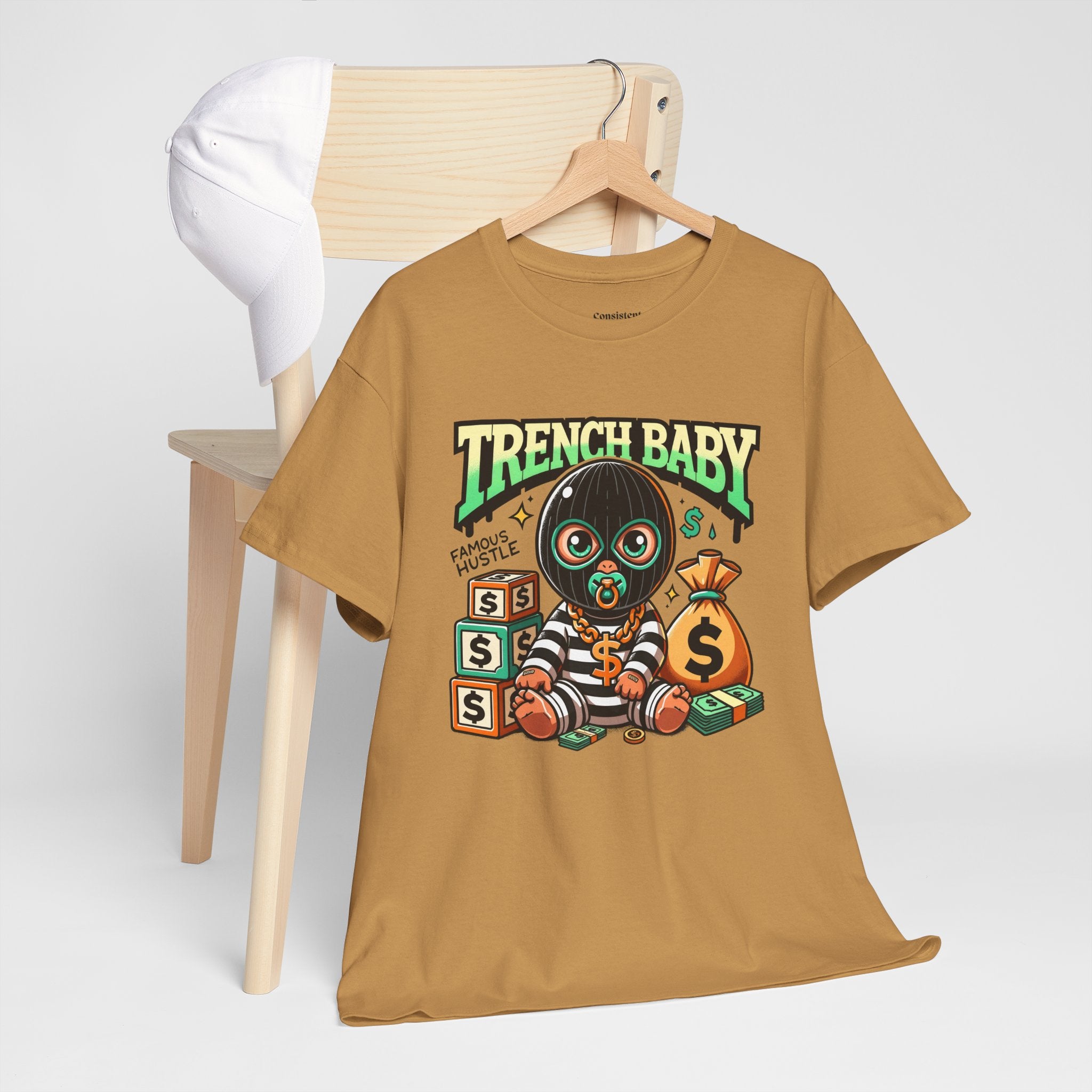 Trench Baby Tee — Graphic Streetwear Shirt with Money Mask Baby Design