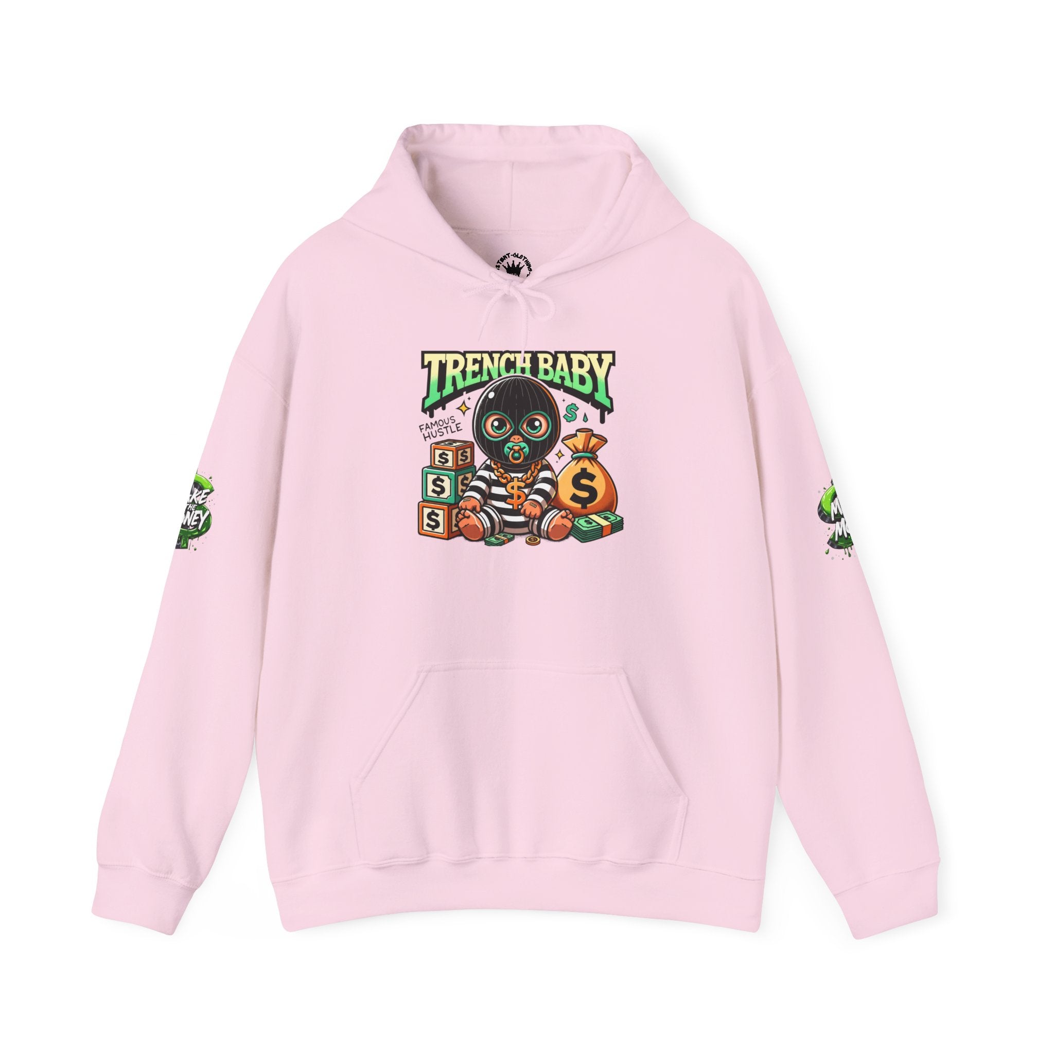Trench Baby Character Hoodie | Cartoon Baby with Stacks and Money Bag