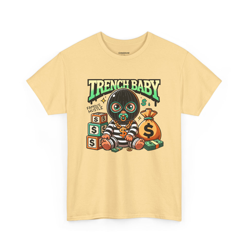 Trench Baby Tee — Graphic Streetwear Shirt with Money Mask Baby Design