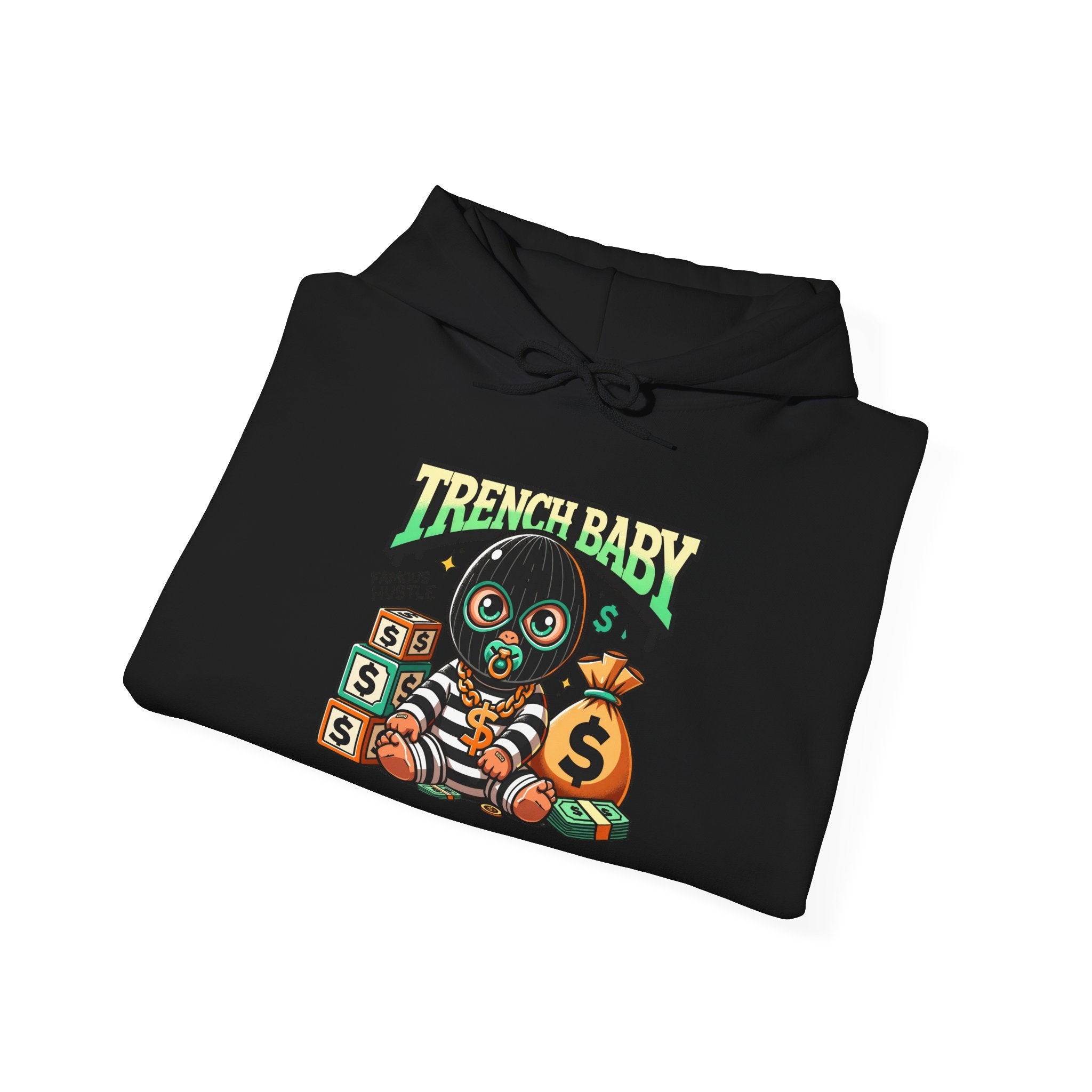 Trench Baby Character Hoodie | Cartoon Baby with Stacks and Money Bag