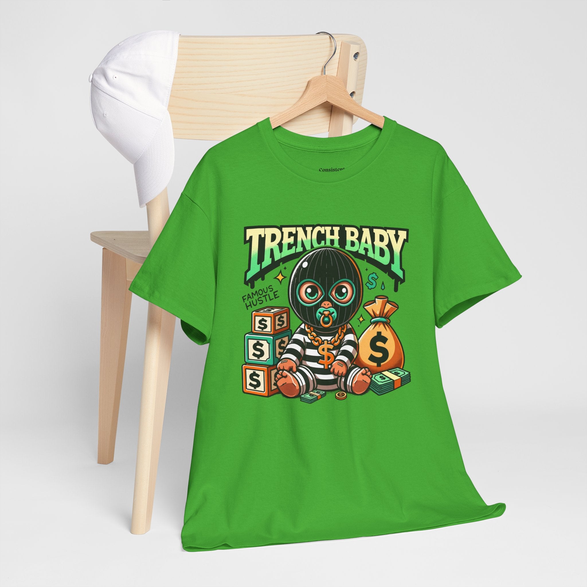 Trench Baby Tee — Graphic Streetwear Shirt with Money Mask Baby Design