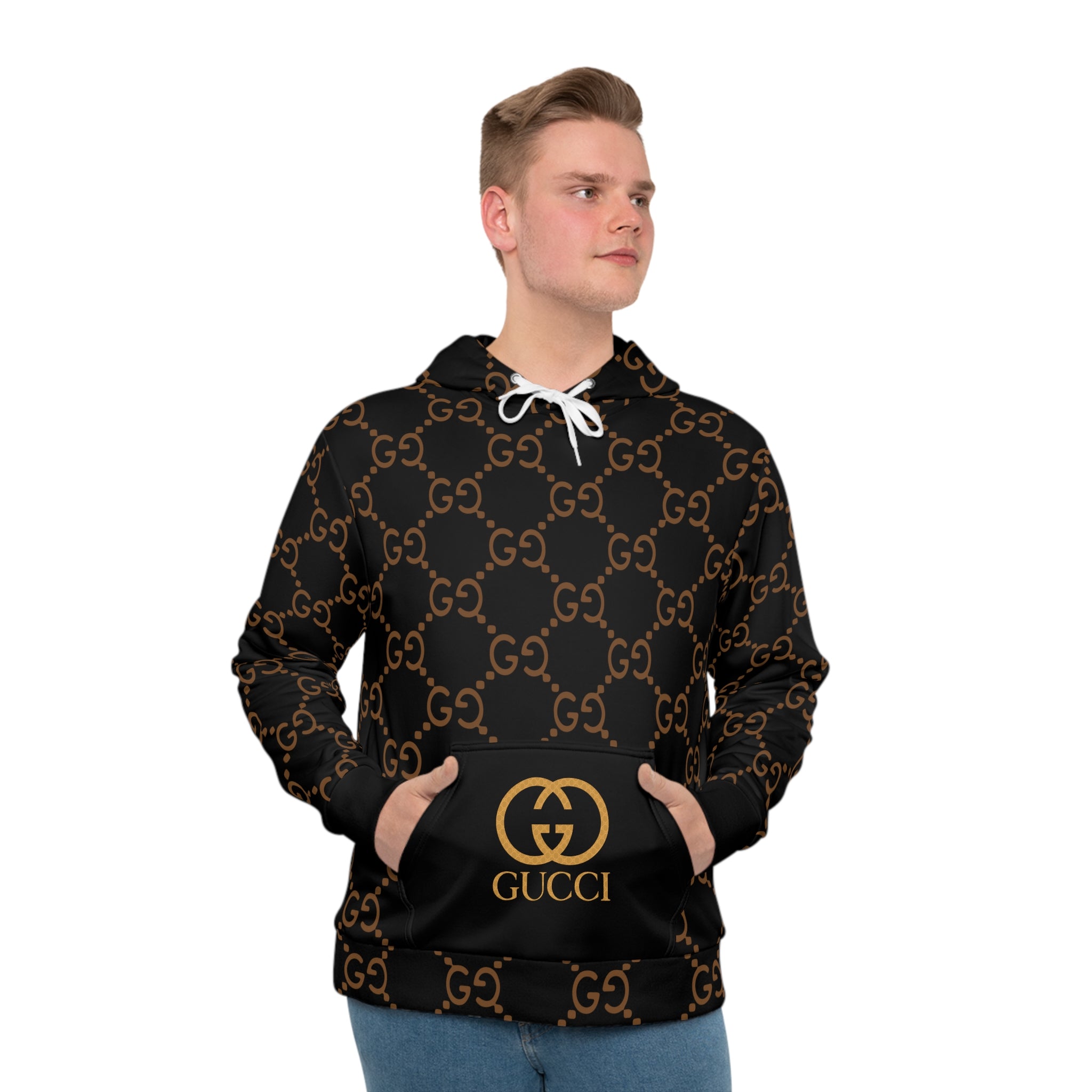 Gold GG Logo Pattern Hoodie | Black