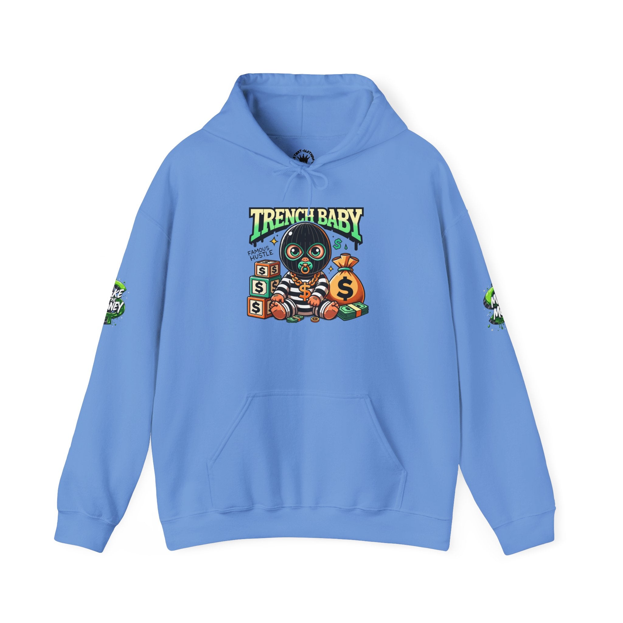 Trench Baby Character Hoodie | Cartoon Baby with Stacks and Money Bag
