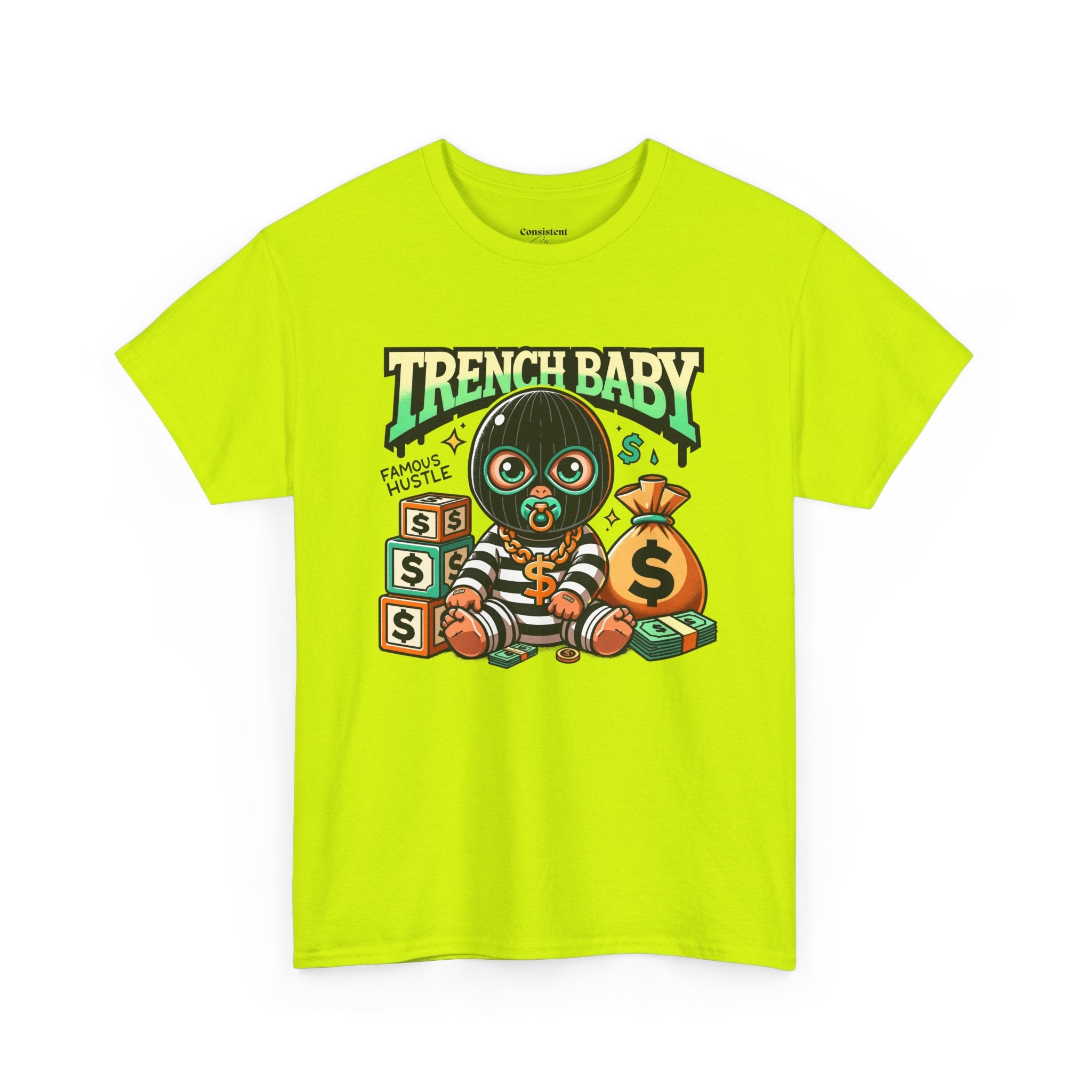 Trench Baby Tee — Graphic Streetwear Shirt with Money Mask Baby Design