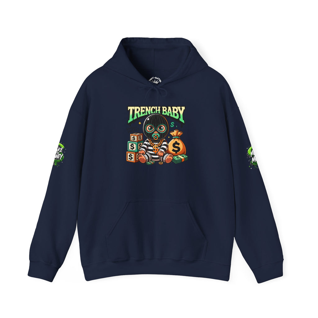 Trench Baby Character Hoodie | Cartoon Baby with Stacks and Money Bag