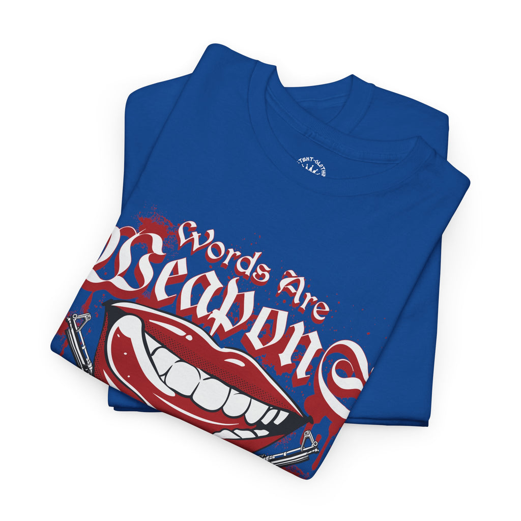 Words Are Weapons Tee — Graphic Statement T‑Shirt with Red Lips & Guns