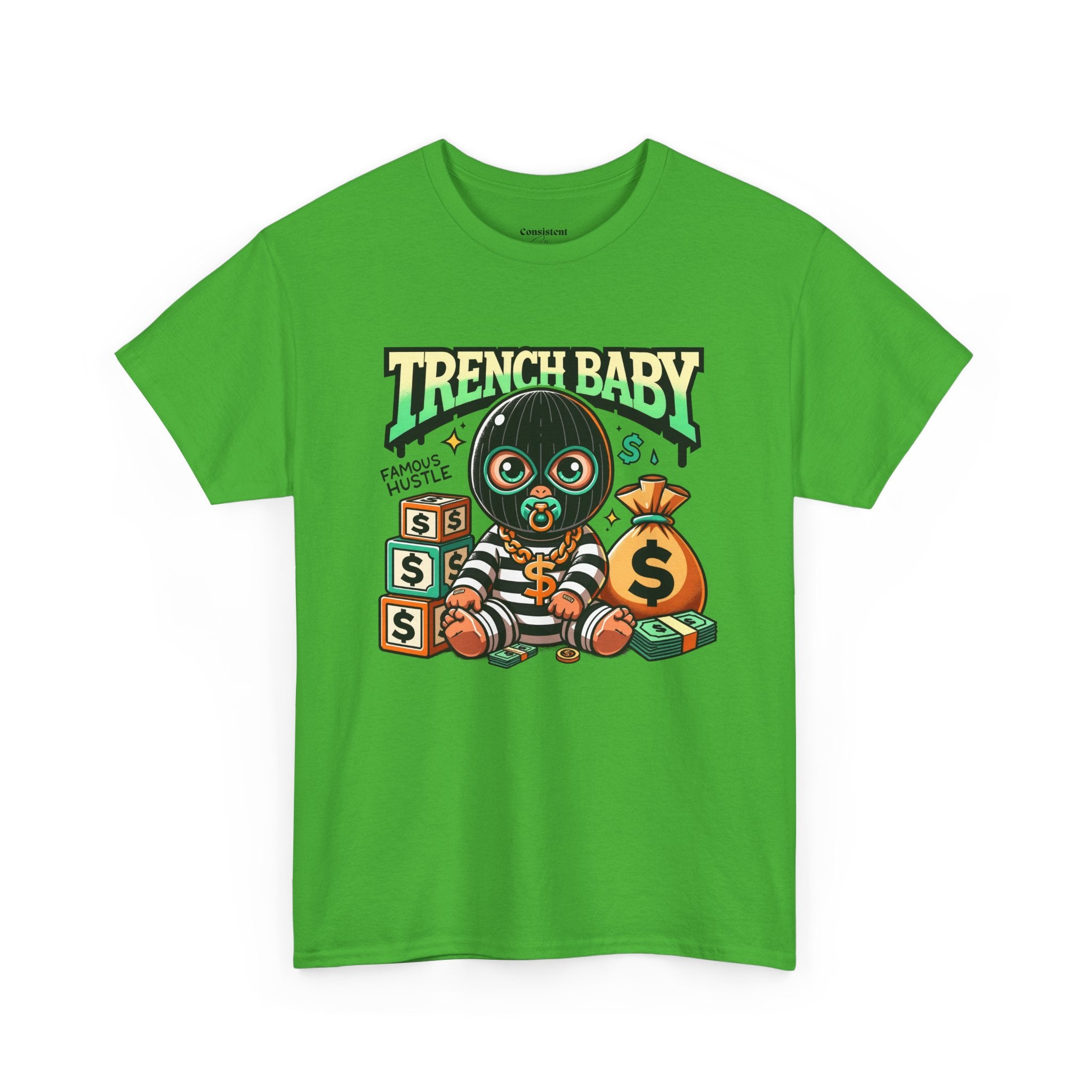 Trench Baby Tee — Graphic Streetwear Shirt with Money Mask Baby Design