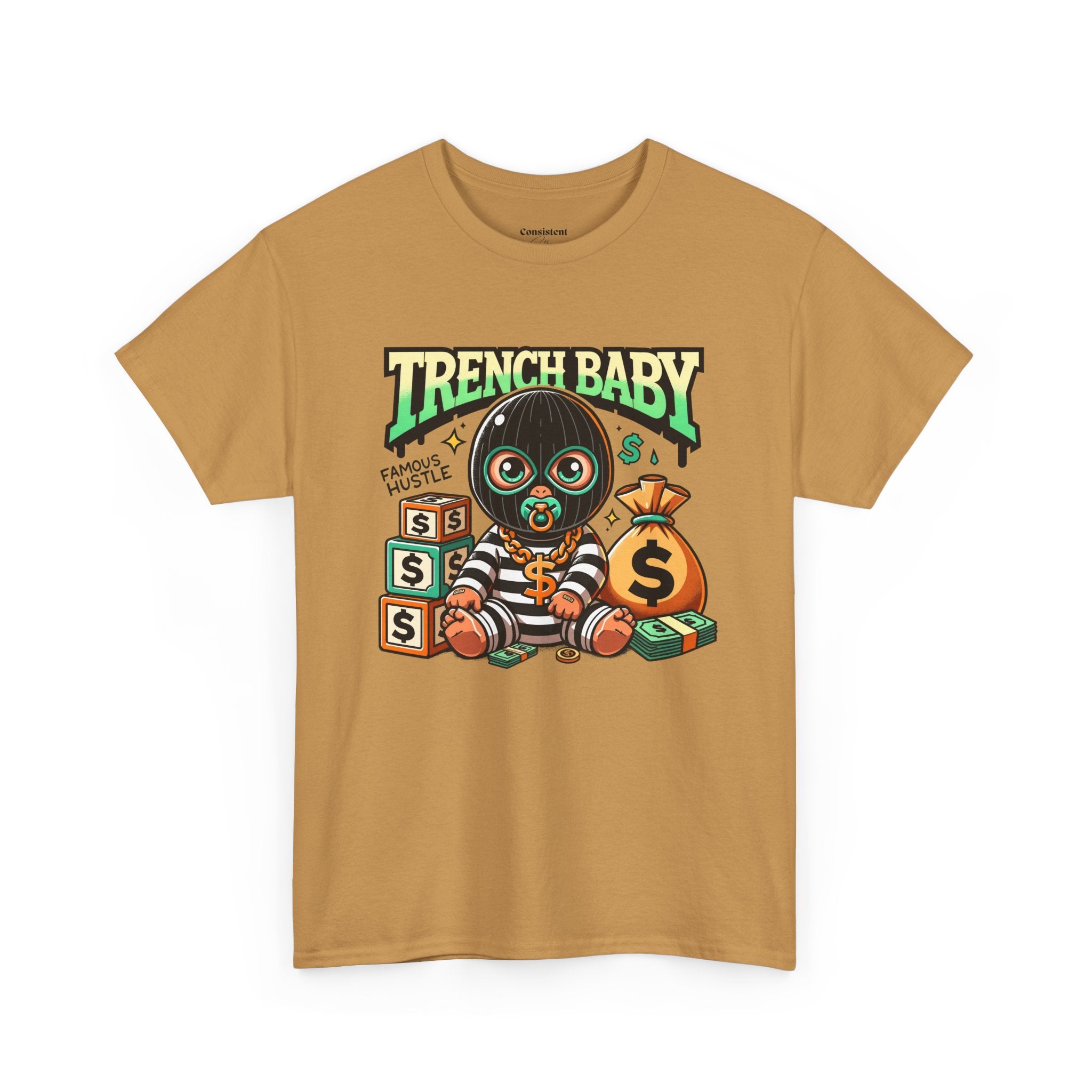 Trench Baby Tee — Graphic Streetwear Shirt with Money Mask Baby Design
