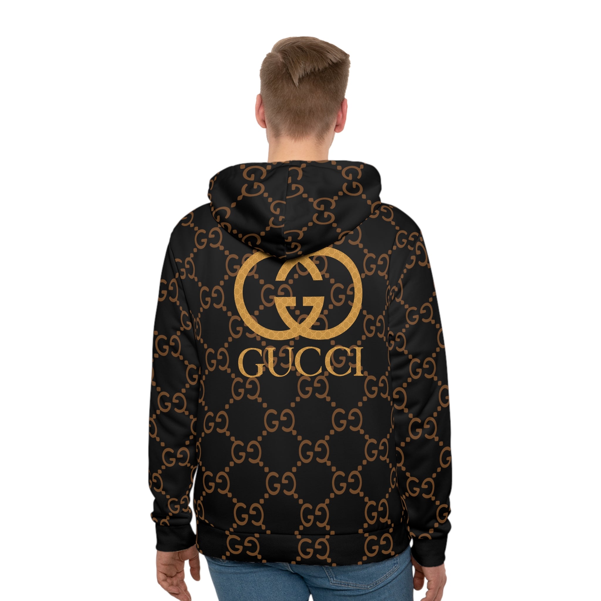 Gold GG Logo Pattern Hoodie | Black
