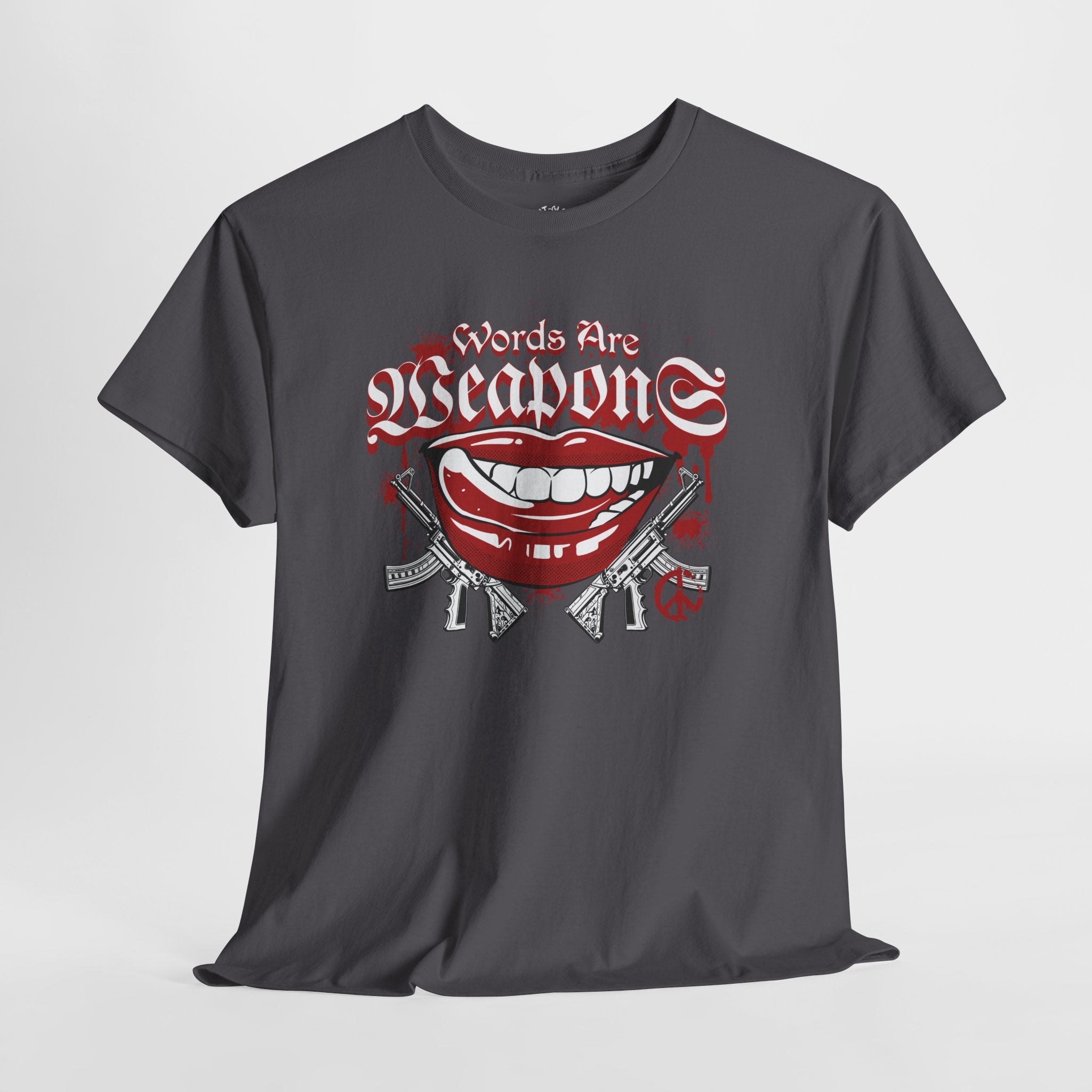 Words Are Weapons Tee — Graphic Statement T‑Shirt with Red Lips & Guns