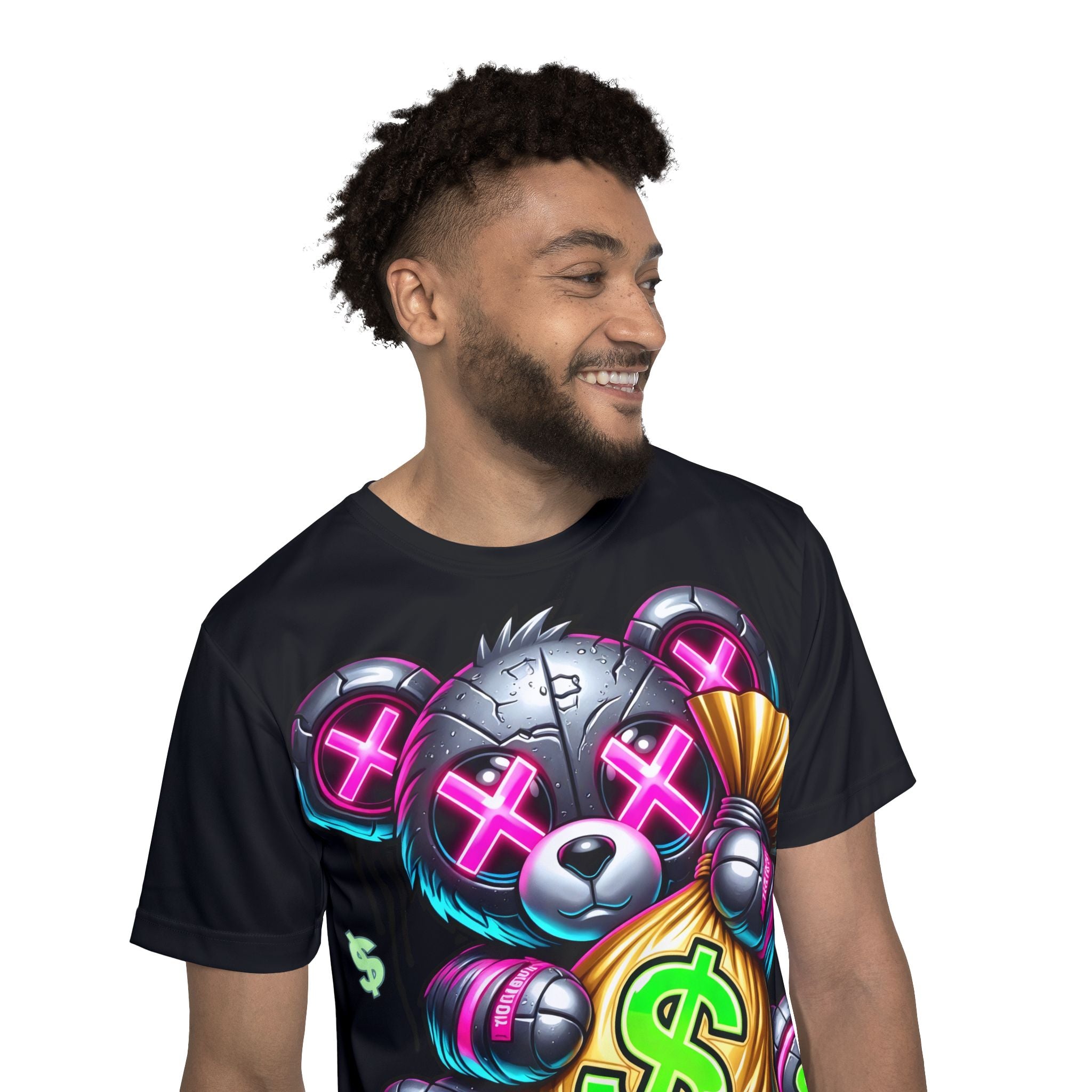 Money Bear Graphic Jersey Tee — Men's Black Sports Shirt with Neon Dollar Design