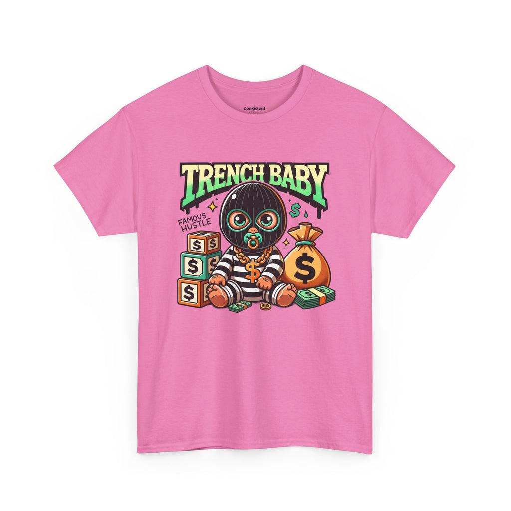 Trench Baby Tee — Graphic Streetwear Shirt with Money Mask Baby Design