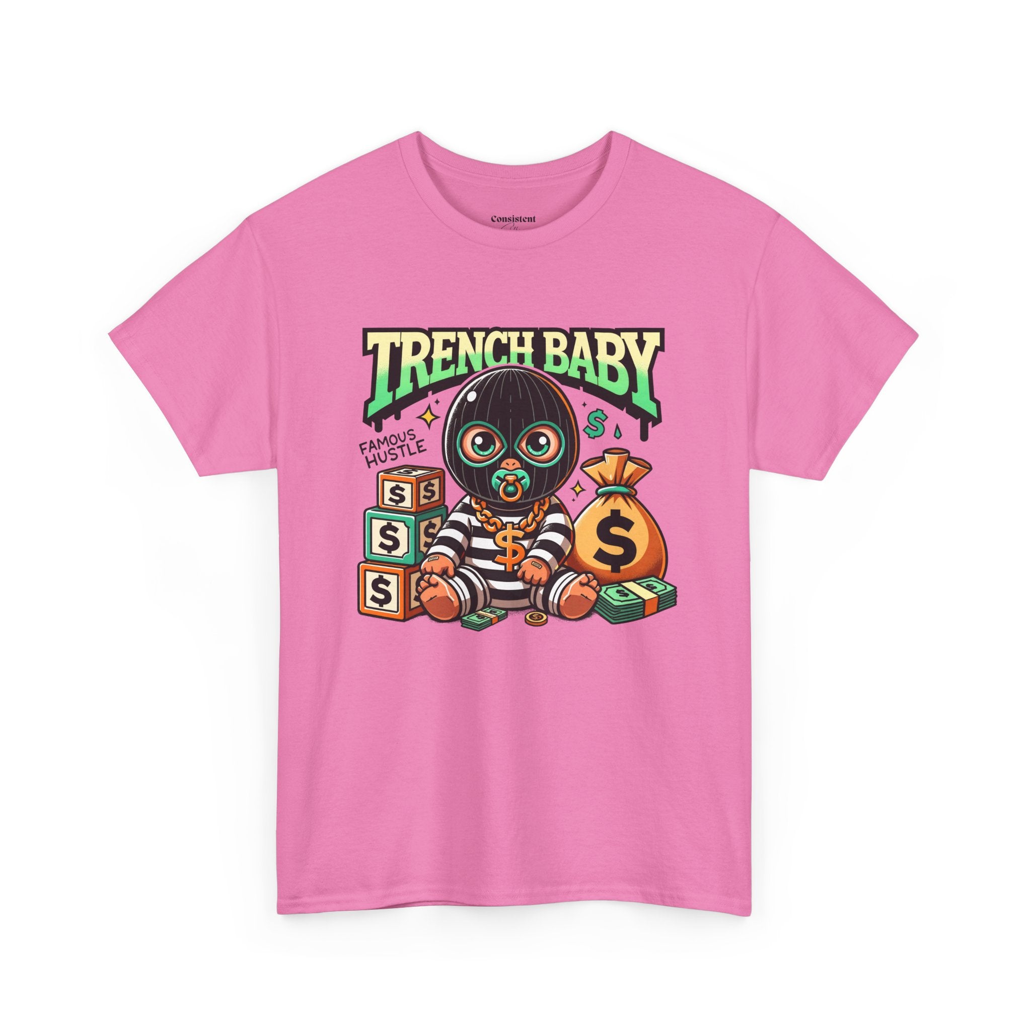 Trench Baby Tee — Graphic Streetwear Shirt with Money Mask Baby Design