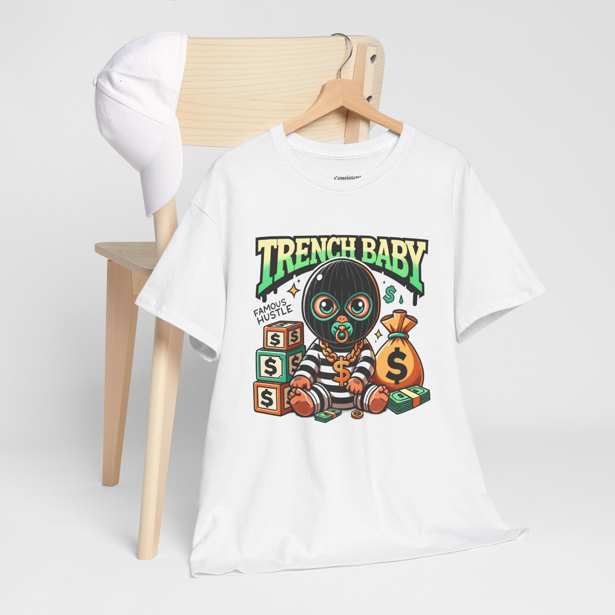 Trench Baby Tee — Graphic Streetwear Shirt with Money Mask Baby Design