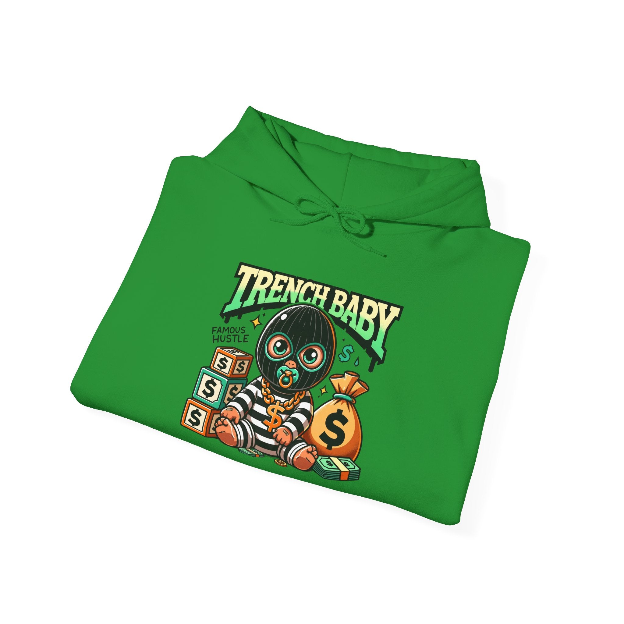 Trench Baby Character Hoodie | Cartoon Baby with Stacks and Money Bag