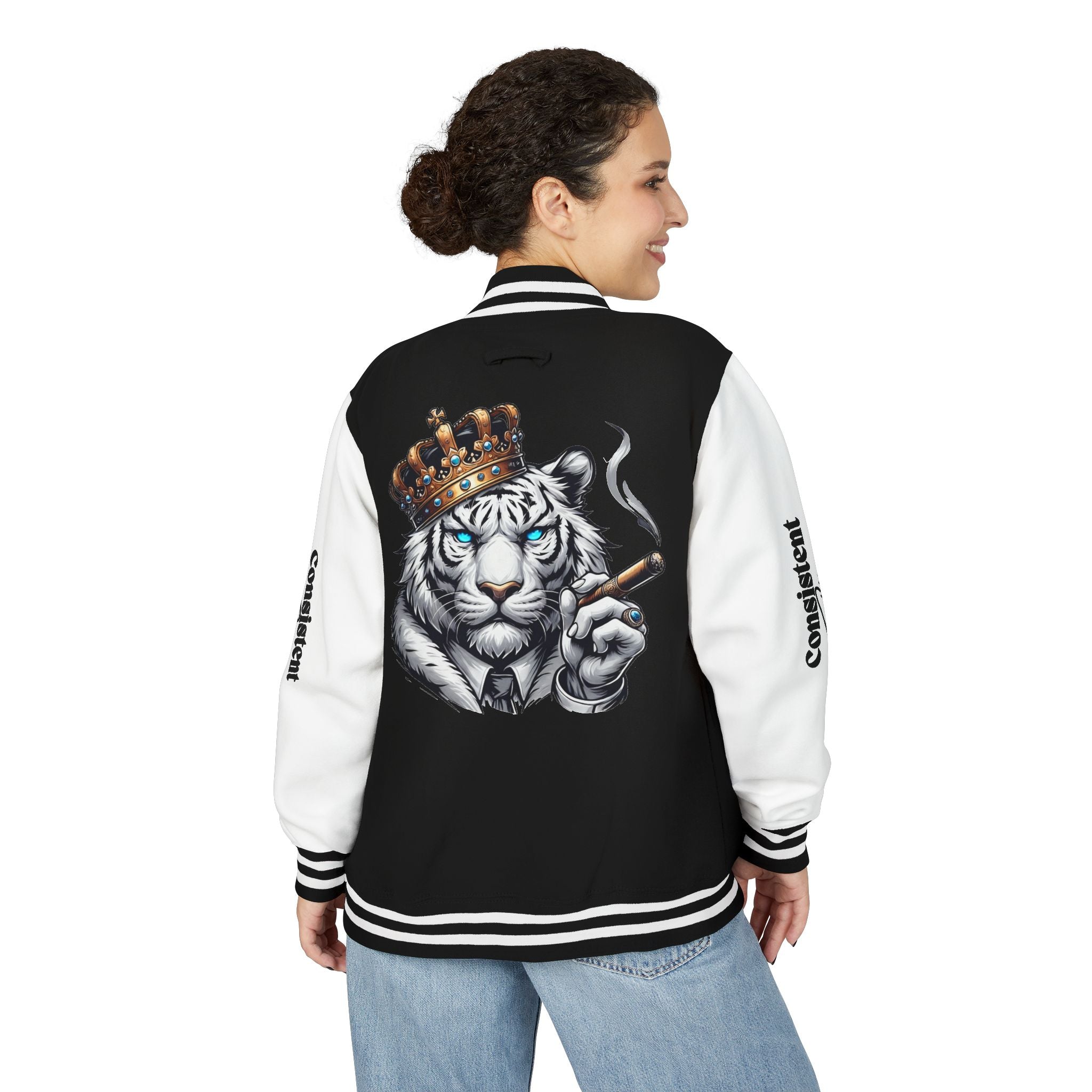 Crowned White Tiger Varsity Jacket — Consistent Clothing Letterman Jacket