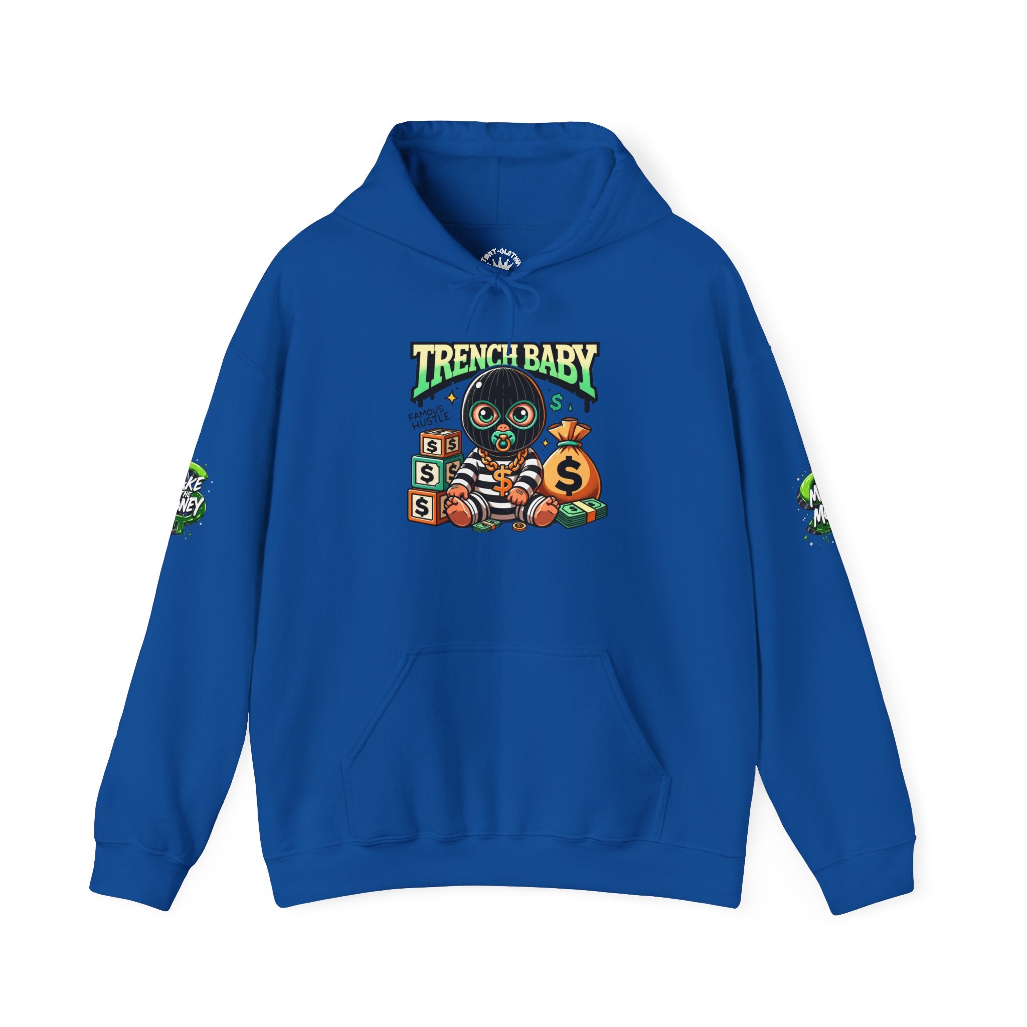 Trench Baby Character Hoodie | Cartoon Baby with Stacks and Money Bag