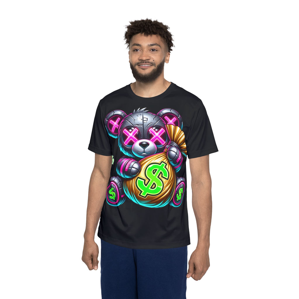 Money Bear Graphic Jersey Tee — Men's Black Sports Shirt with Neon Dollar Design