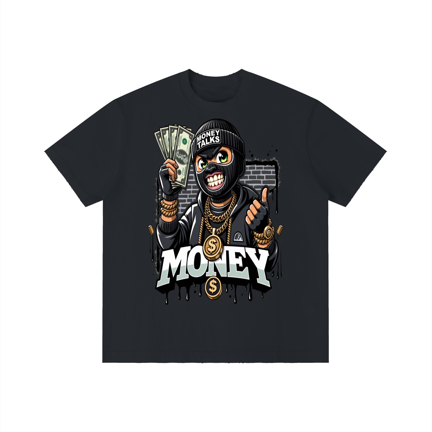 Black t-shirt with a graphic of a character holding money and the word 'Money' on a white background