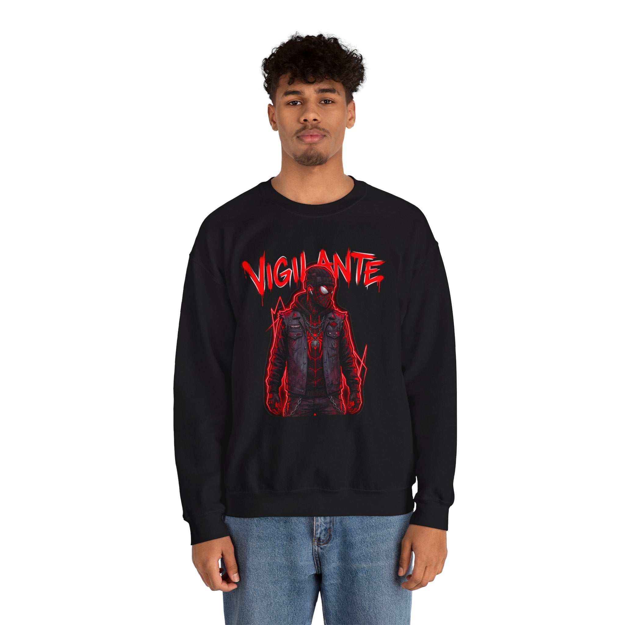 Vigilante Graphic Sweatshirt — Red Neon Urban Streetwear Crewneck