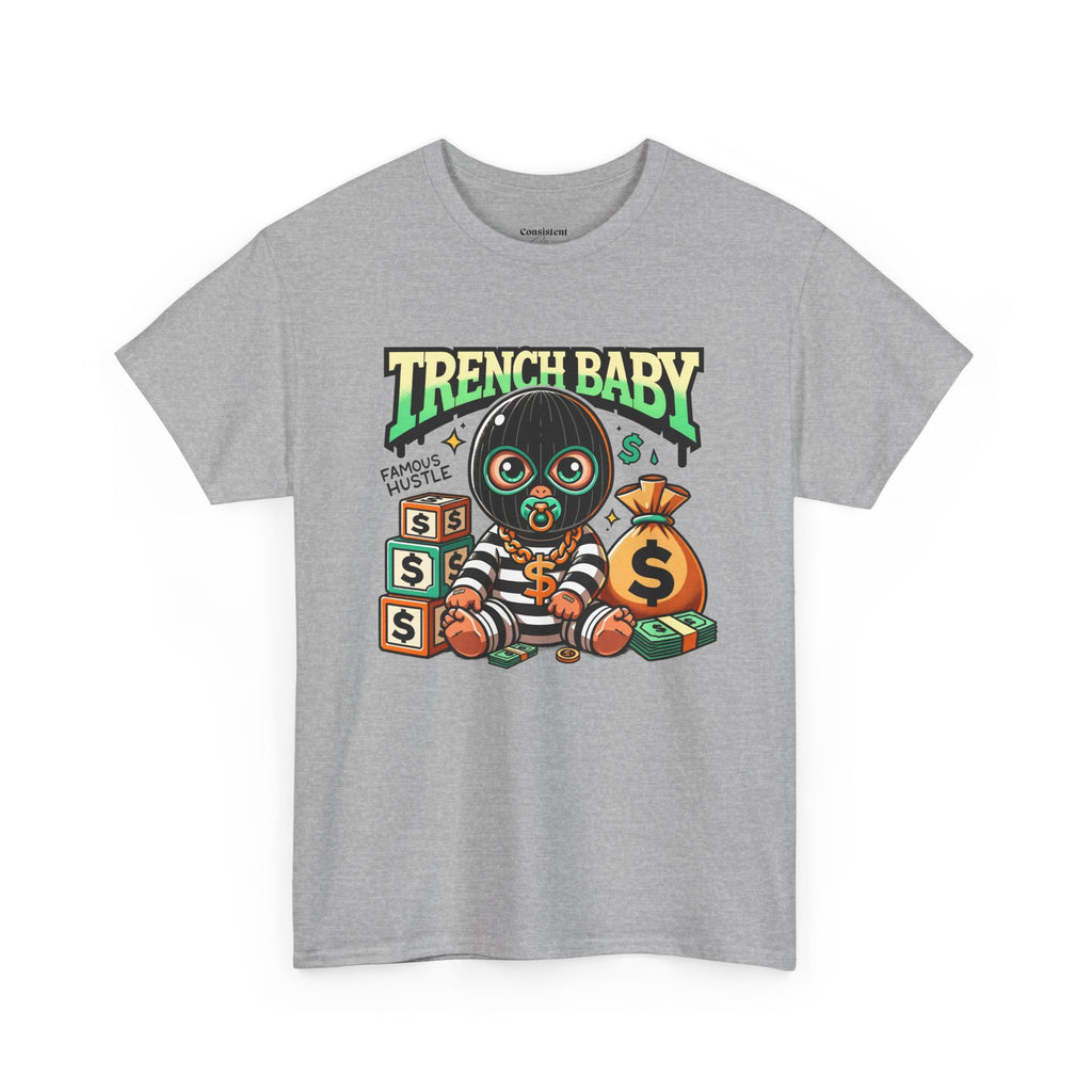 Trench Baby Tee — Graphic Streetwear Shirt with Money Mask Baby Design