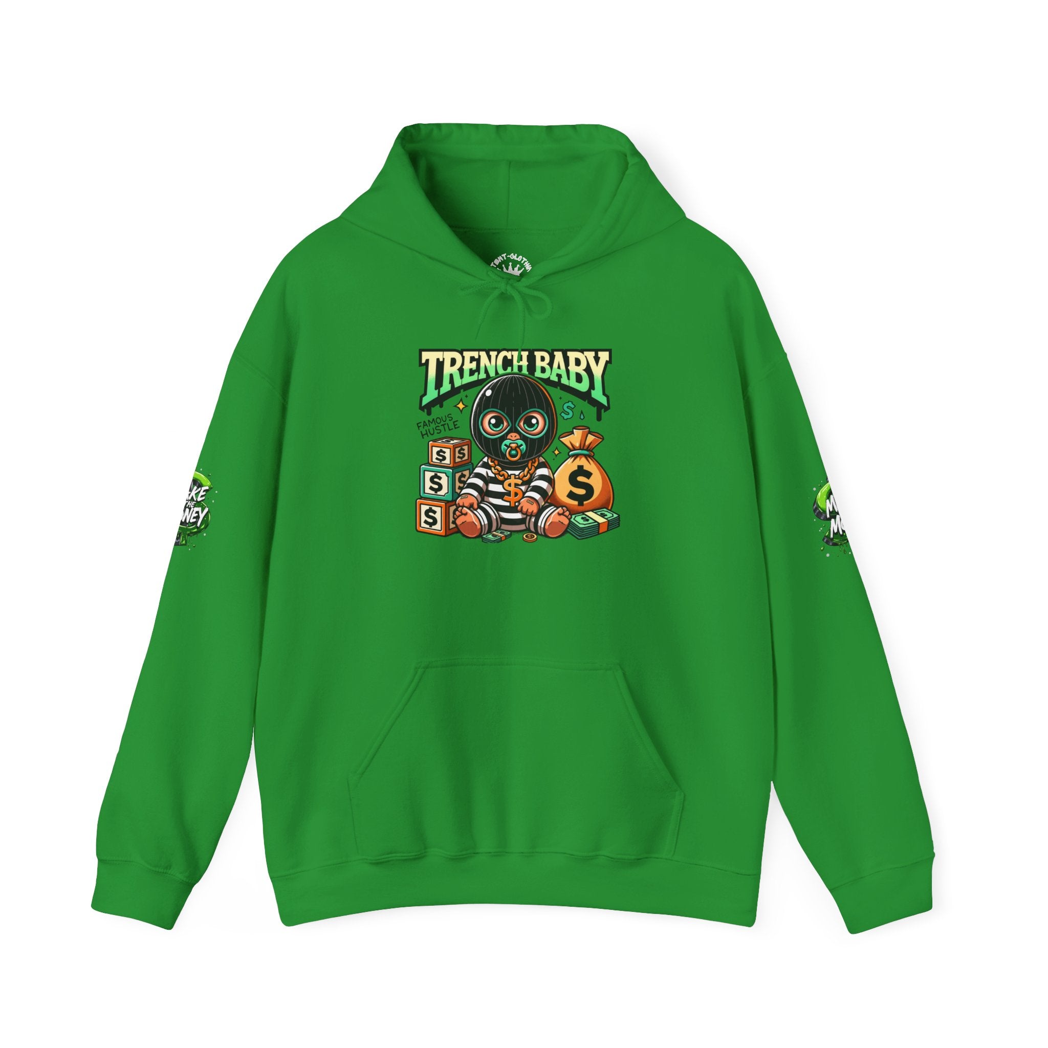 Trench Baby Character Hoodie | Cartoon Baby with Stacks and Money Bag