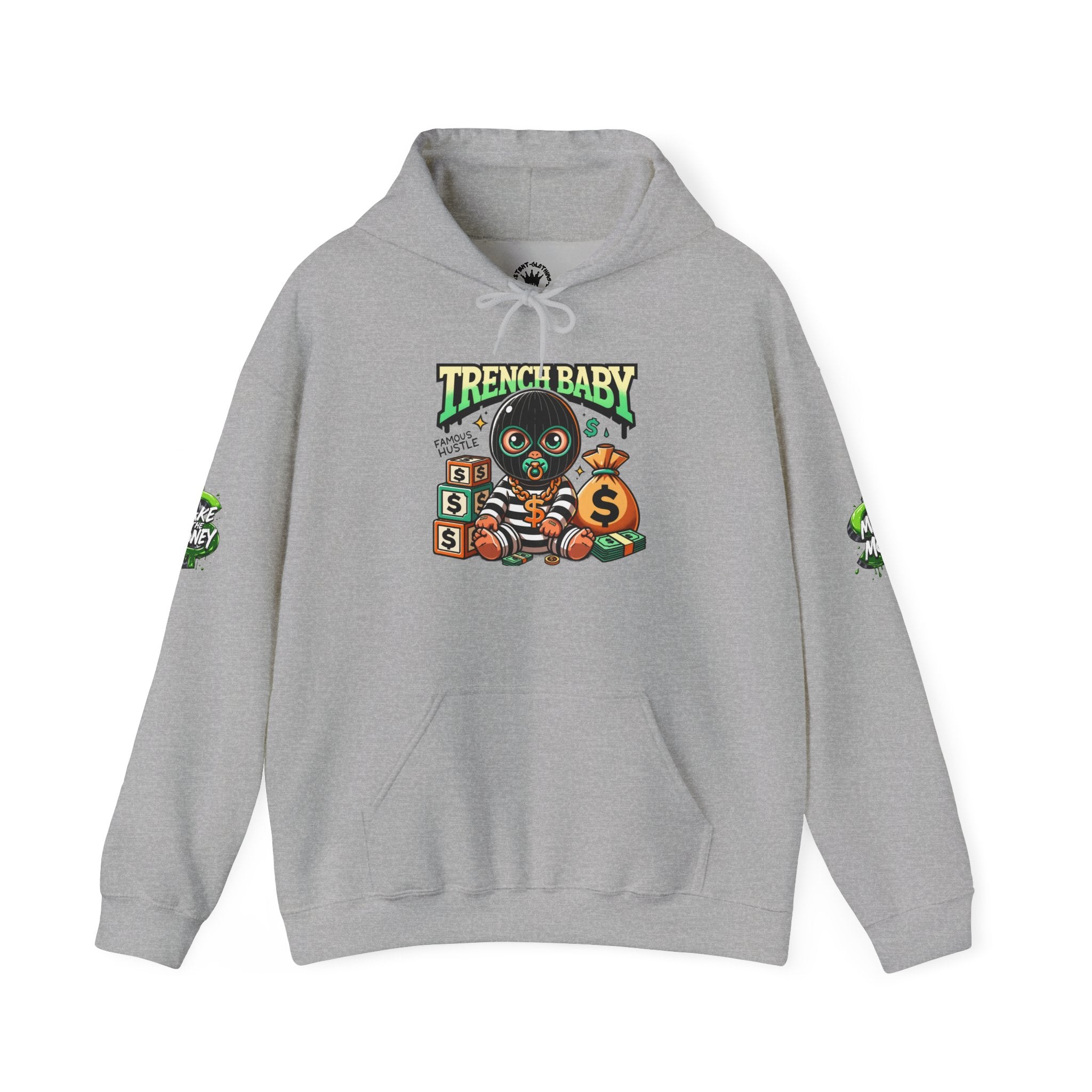 Trench Baby Character Hoodie | Cartoon Baby with Stacks and Money Bag